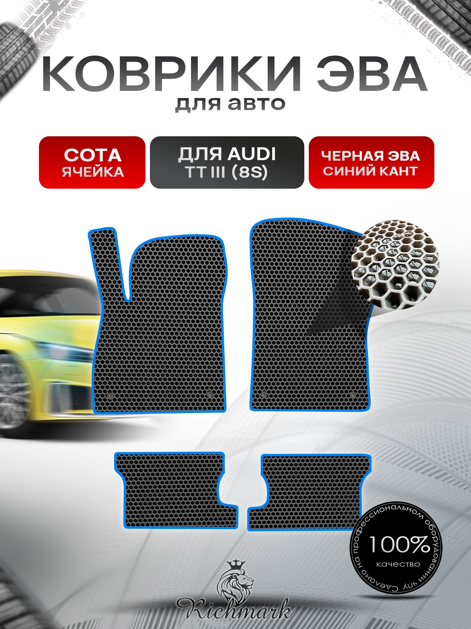 Коврики ЭВА СОТА для автомобиля Audi TT-3 (8S) 2014-2019 / Ауди ТТ 3 поколение Чёрный С Синим Кантом. Ричмарк — фото 1