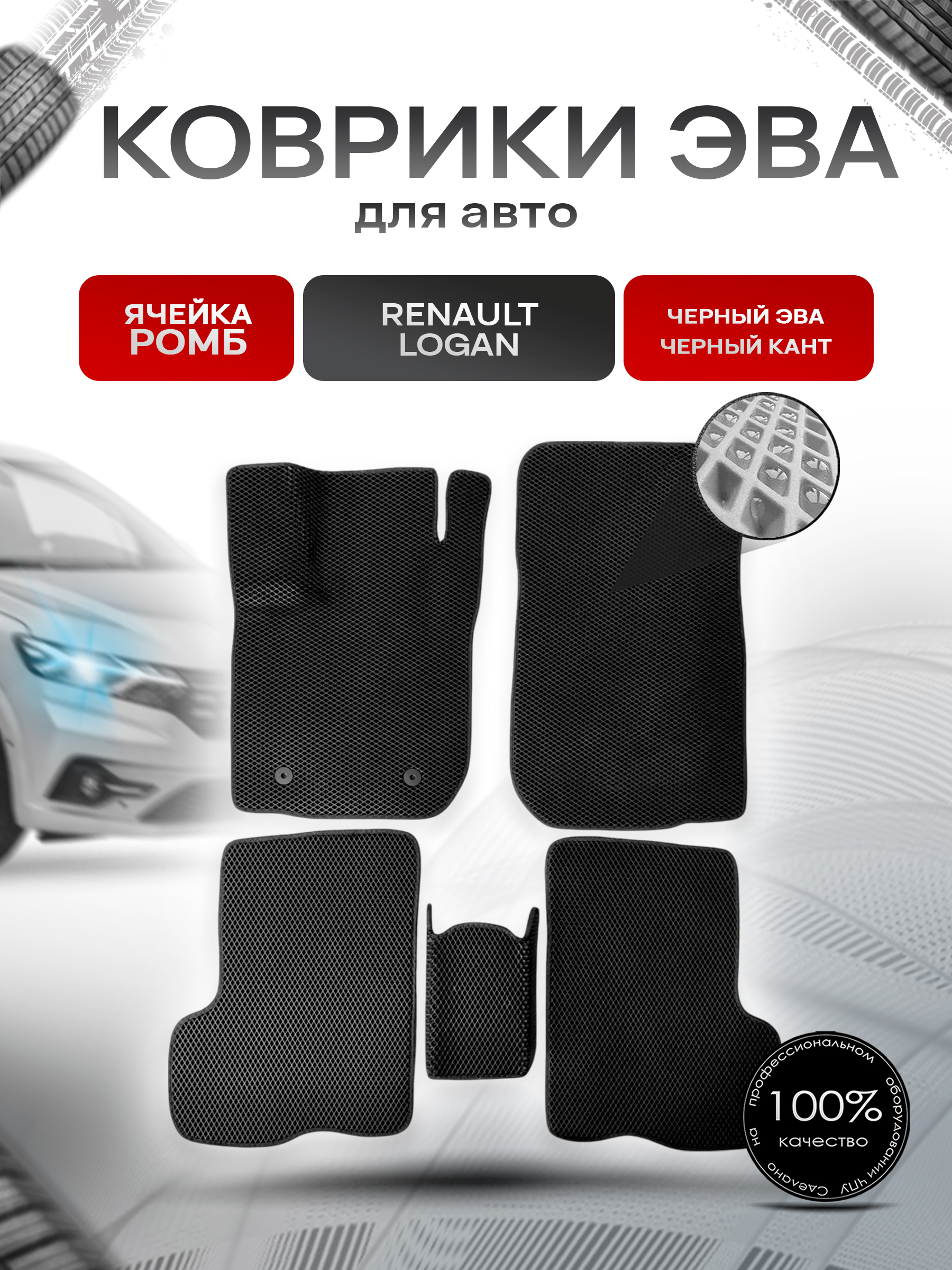 Коврики ЭВА для авто Renault Logan / Рено Логан 2014-2023 Чёрный С Чёрным Кантом. Ричмарк — фото 1