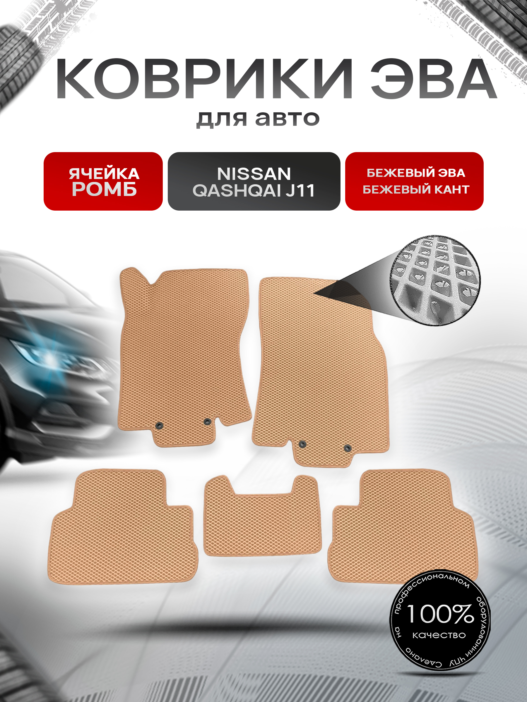 Коврики ЭВА Ромб для авто Nissan Qashqai / Ниссан Кашкай (Российская сборка) J11 2013-2021 Г.В. Бежевый с Бежевым кантом. Ричмарк — фото 1