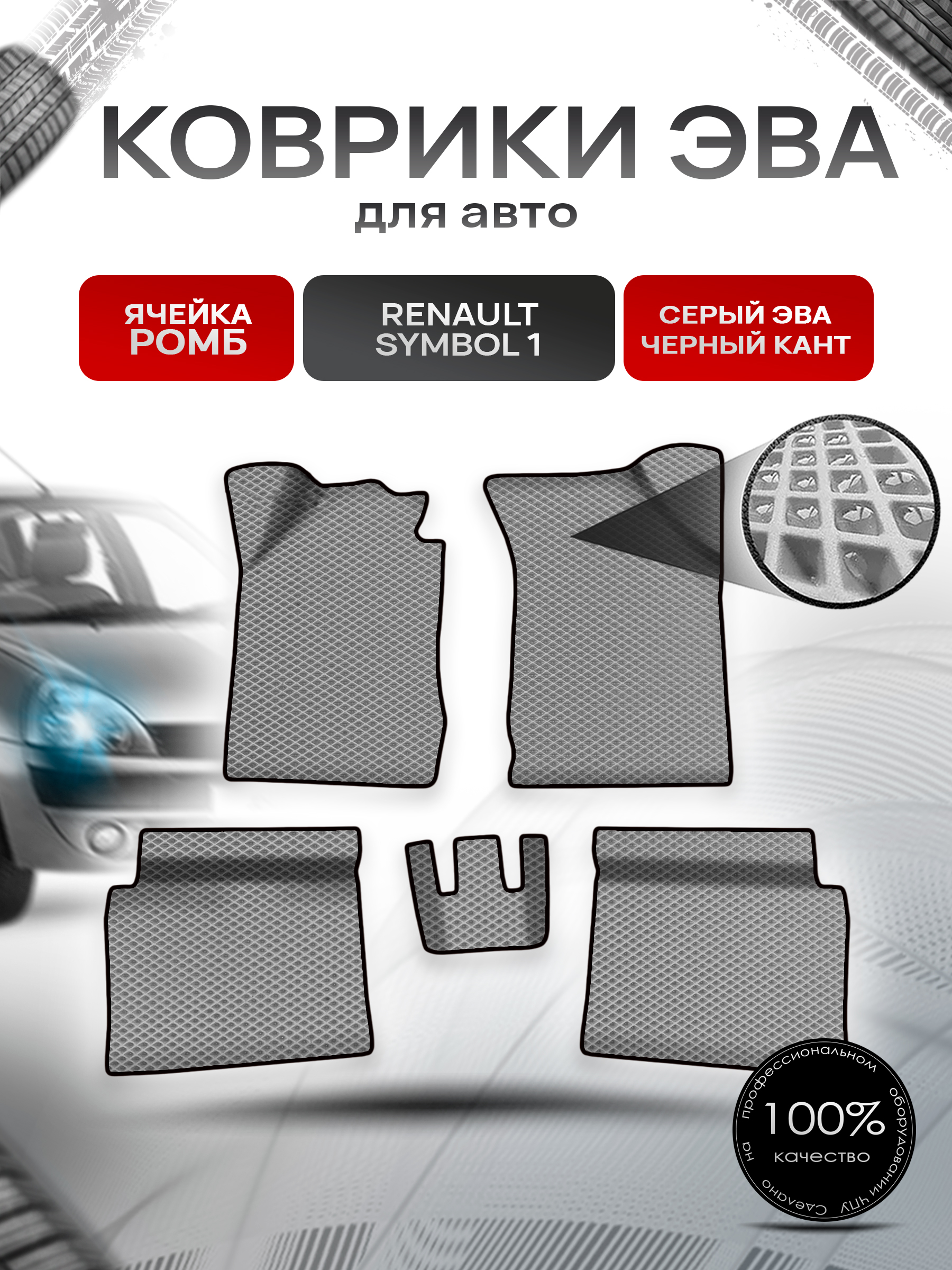 Коврики ЭВА Ромб для авто Ренаулт Рено Симбол / Renault Symbol 1 1999-2008 Г.В. Серый с Чёрным кантом. Ричмарк — фото 1