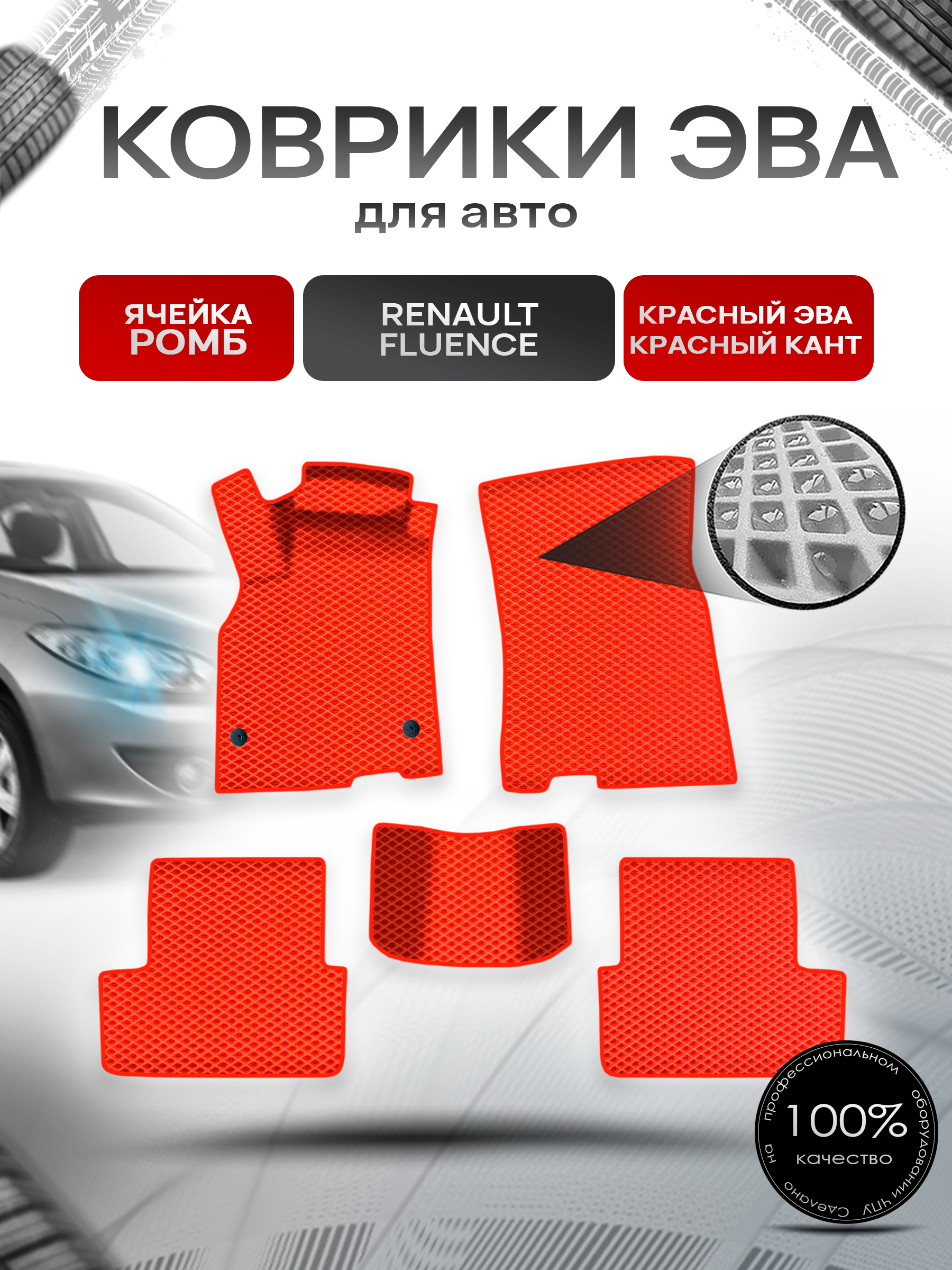 Коврики ЭВА Ромб для авто Рено Ренаулт Флюенс / Renault Fluence 2009-2017 Г.В. Красный с Красным кантом. Ричмарк — фото 1