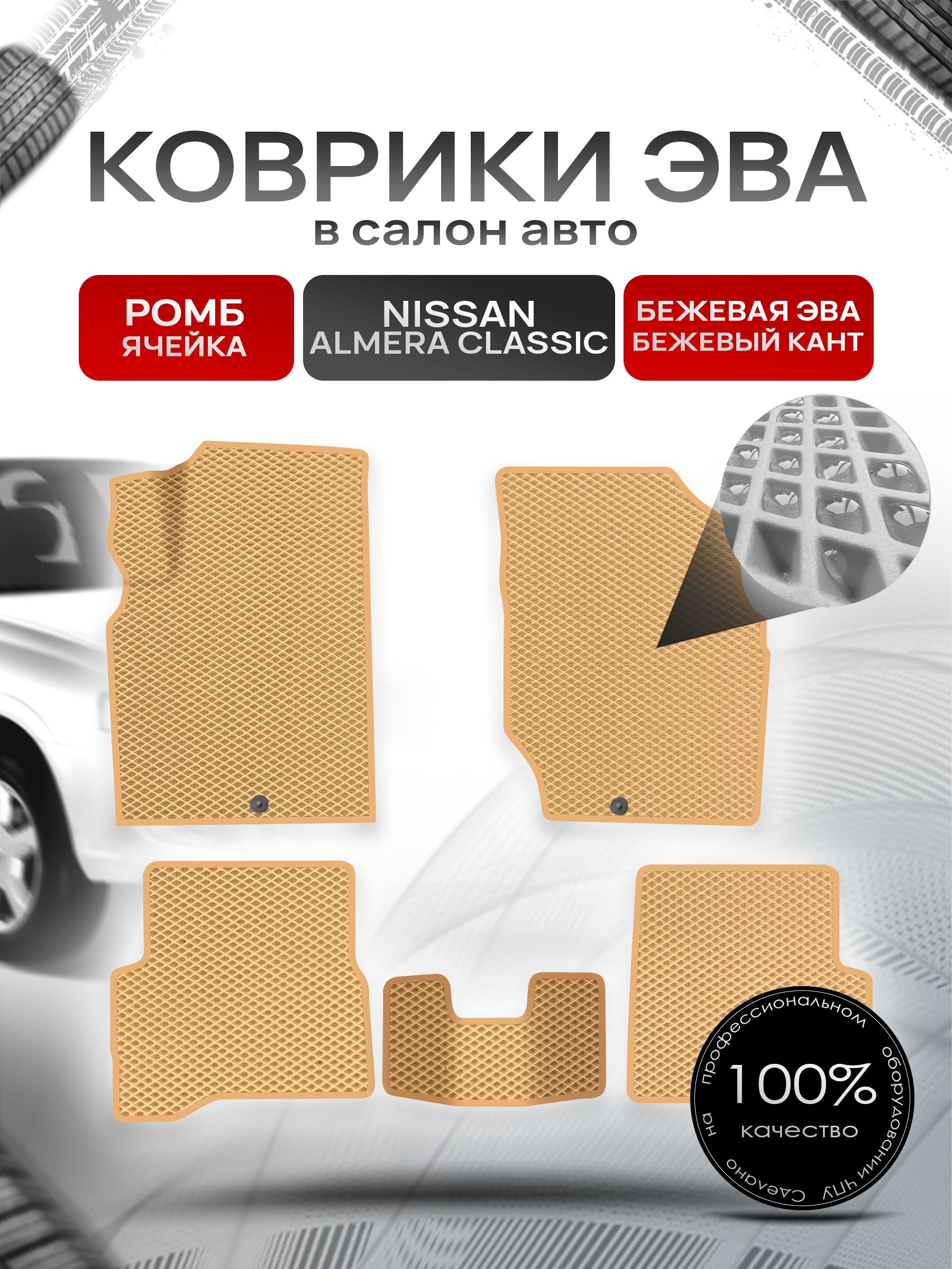 Коврики ЭВА для авто Nissan Almera / Ниссан Альмера Classic 2006-2013 Г.В. Бежевый С Бежевым Кантом. Ричмарк — фото 1
