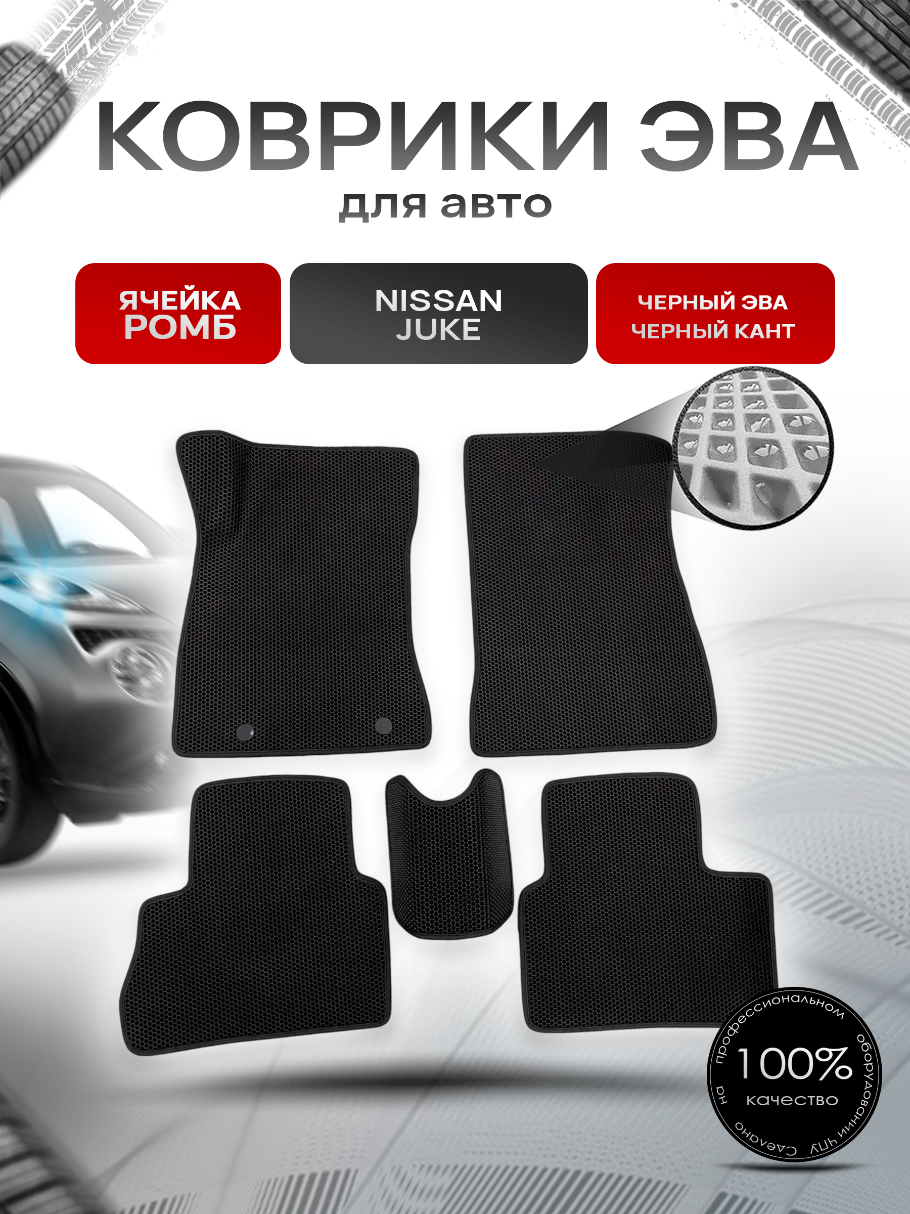 Коврики ЭВА для авто Nissan Juke / Ниссан Жук 2010-2019 Г.В. Чёрный С Чёрным Кантом. Ричмарк — фото 1