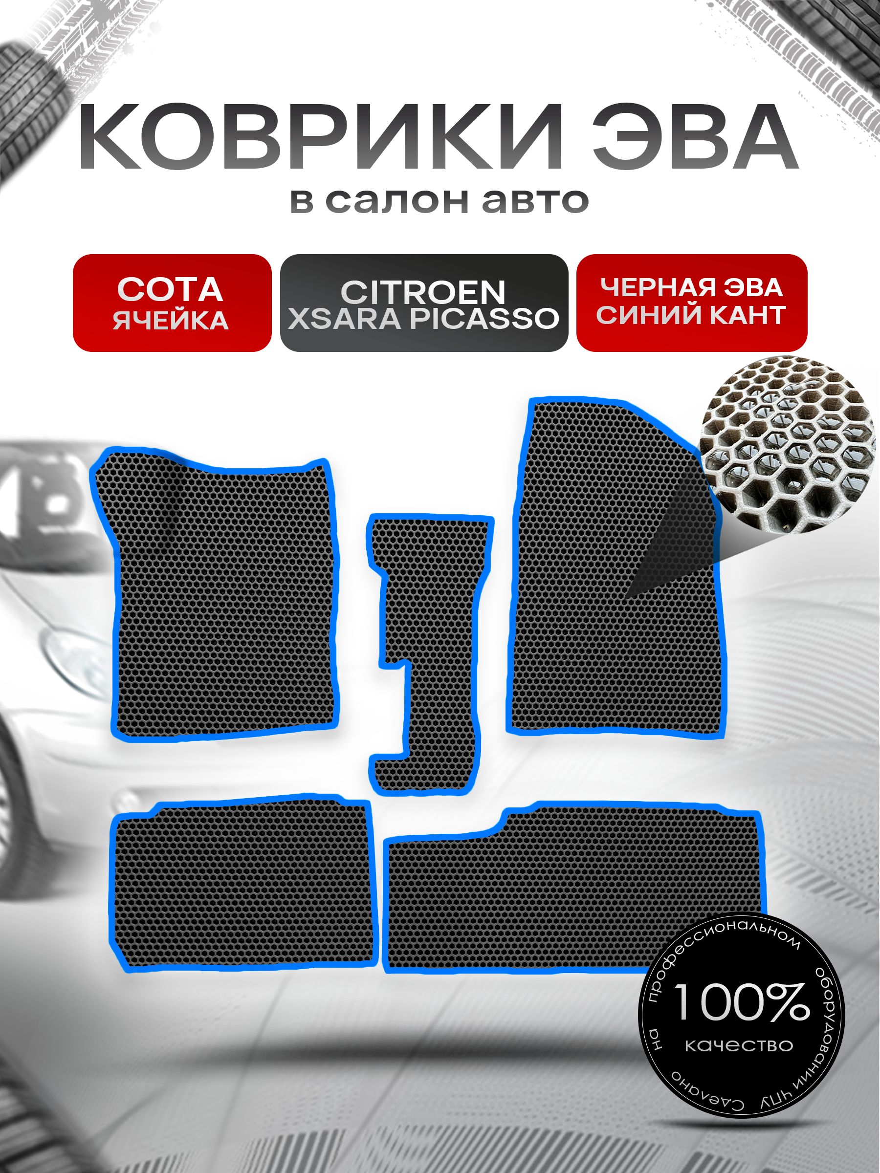 Коврики ЭВА СОТА для авто Ситроен Ксара Пикассо / Citroen Xsara Picasso 1999-2004 Чёрный с Синим кантом. Ричмарк — фото 1