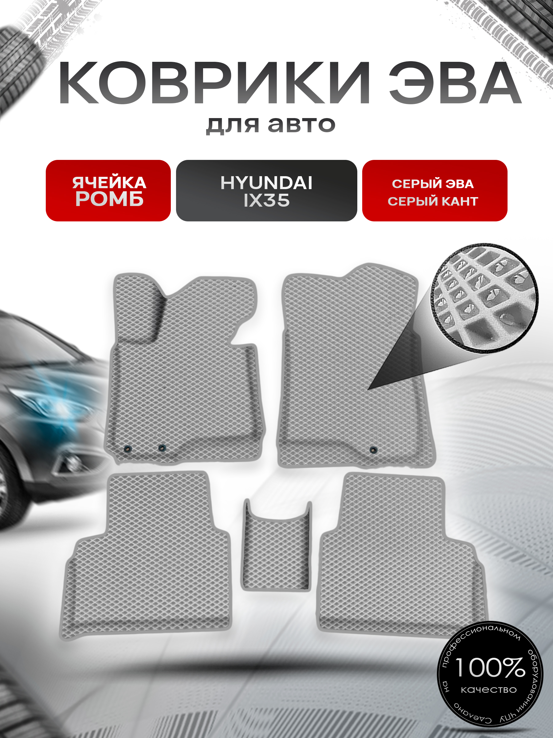 Коврики ЭВА Ромб для авто с бортами Hyundai ix35 Серый с Серым кантом. Ричмарк — фото 1