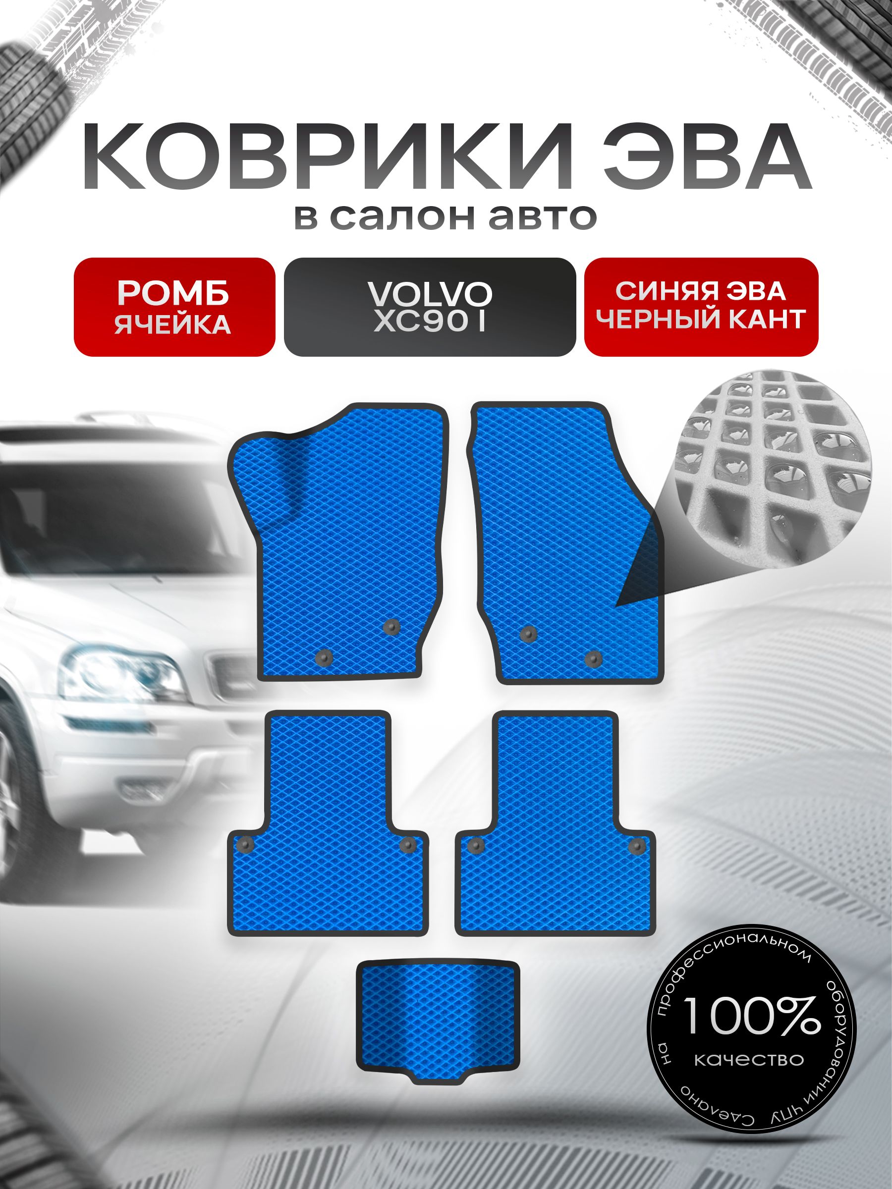 Коврики ЭВА для авто Volvo XC90 / Вольво ХС90 2006-2014 Г.В. Синий С Чёрным Кантом. Ричмарк — фото 1