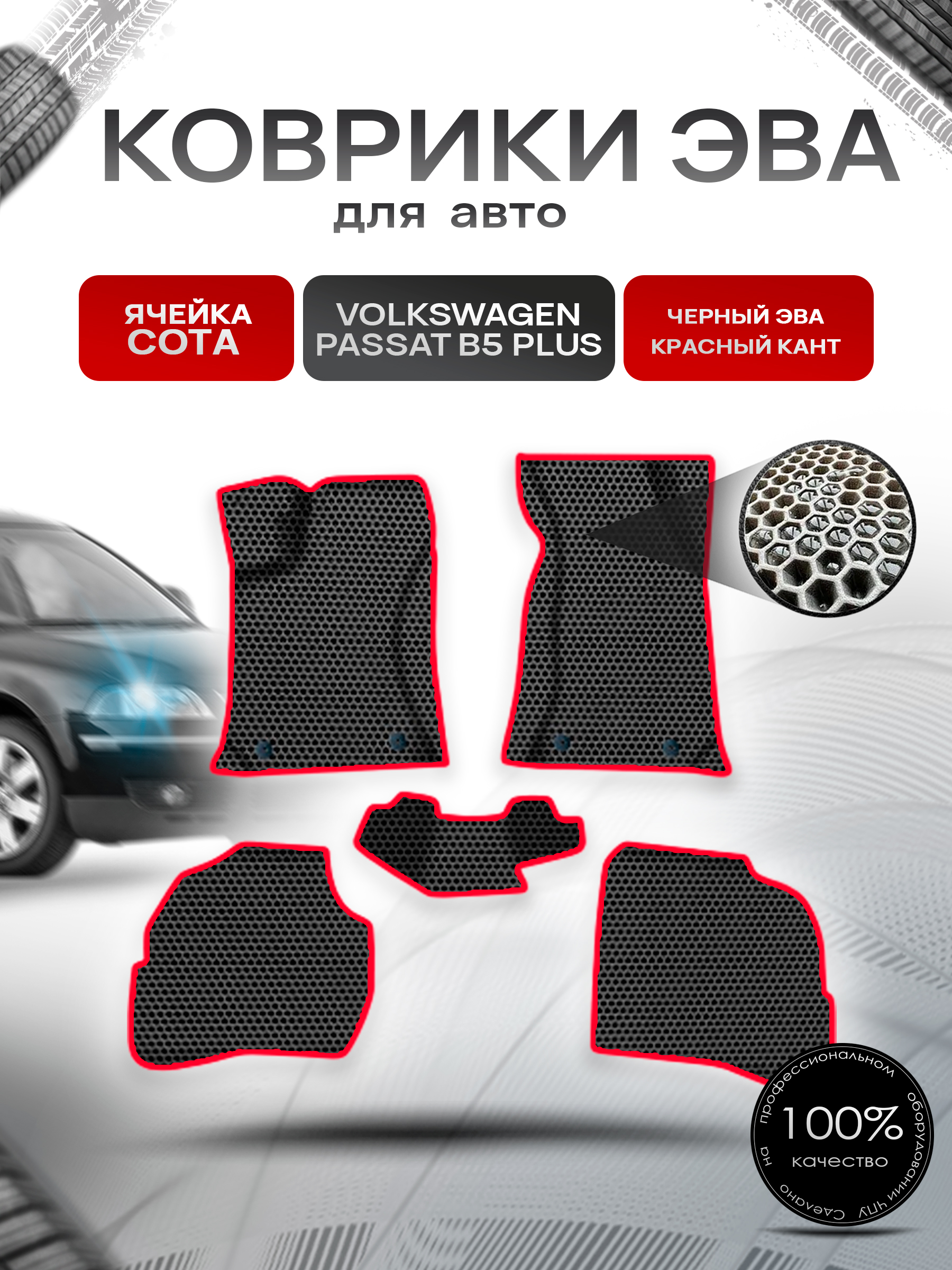 Коврики ЭВА СОТА для авто Фольцваген Пассат Б5 Плюс / Volkswagen Passat B5+ Plus 2000-2005 Г.В. Чёрный с Красным кантом. Ричмарк — фото 1