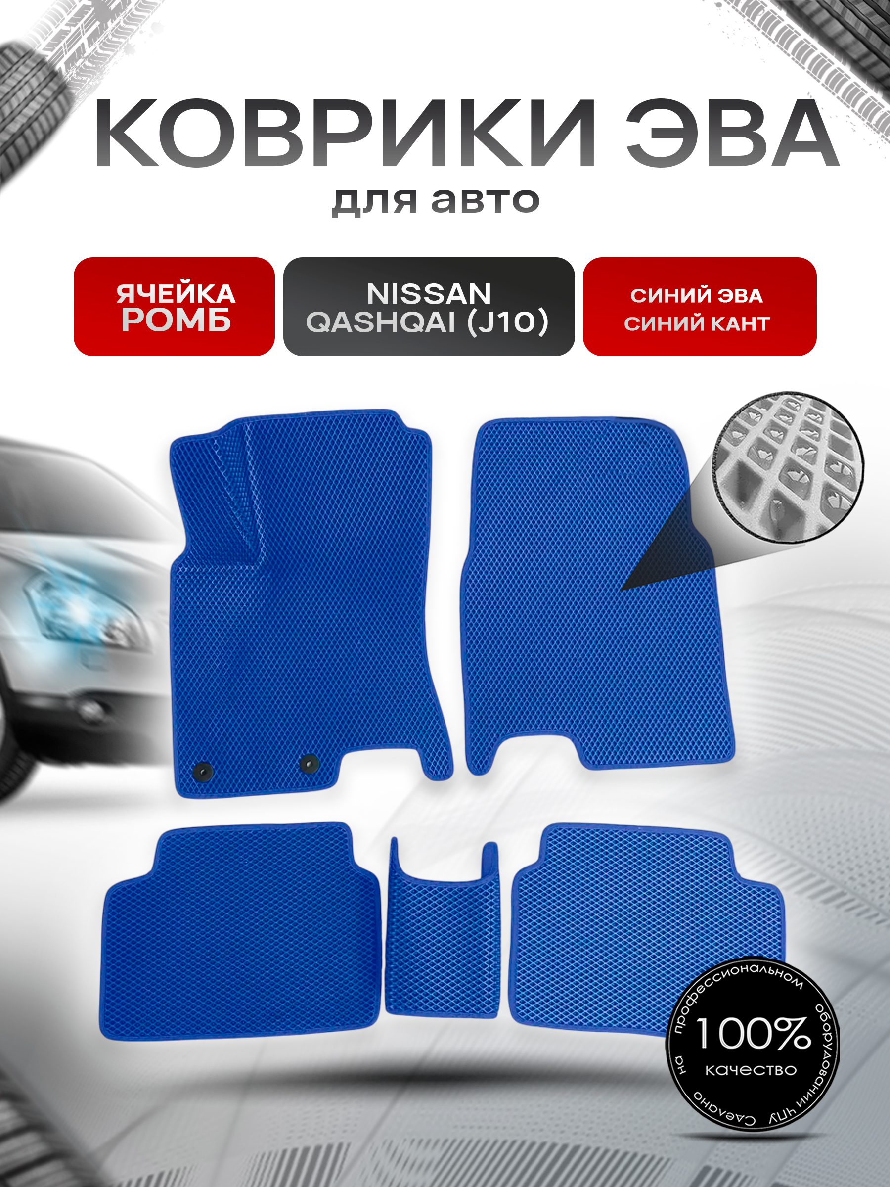 Коврики ЭВА для авто Nissan Qashqai / Ниссан Кашкай (J10) 2006-2013 Г.В. Синий С Синим Кантом. Ричмарк — фото 1