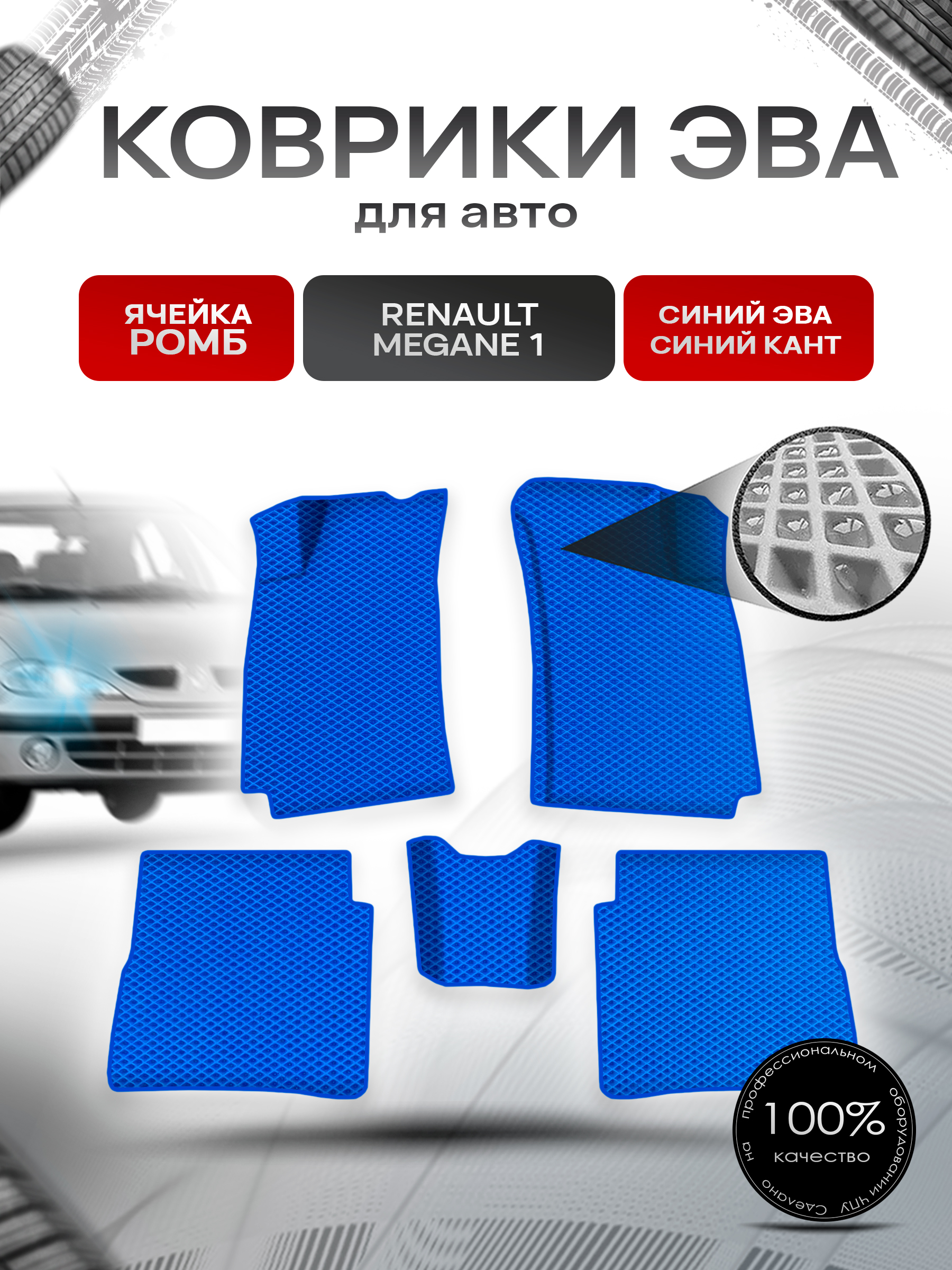 Коврики ЭВА Ромб для авто Ренаулт Рено Меган / Renault Megane 1 1993-2003 Г.В. Синий с Синим кантом. Ричмарк — фото 1