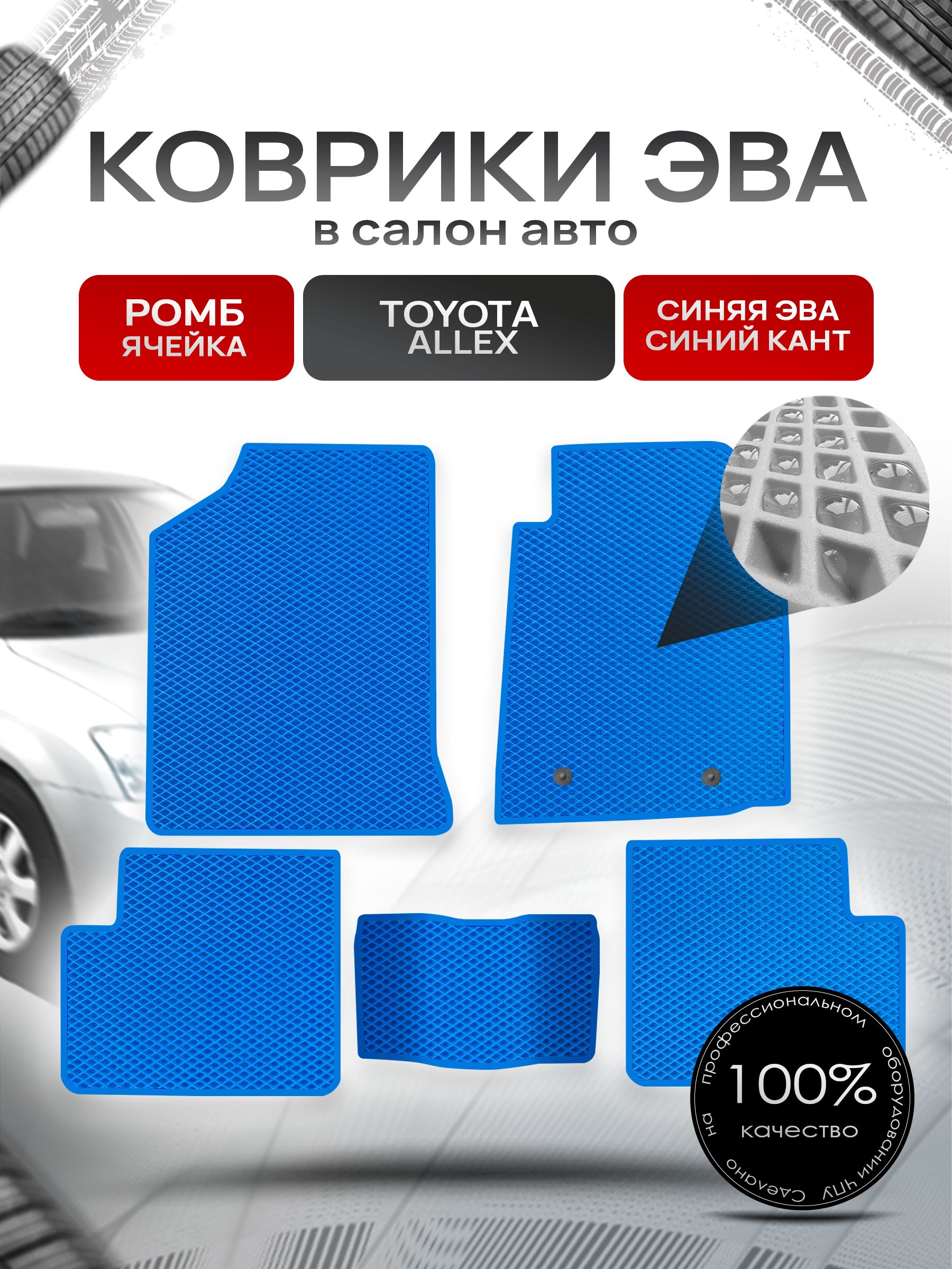 Коврики ЭВА Ромб для авто Тойота Аллекс / Toyota Allex 2001-2006 Синий с Синим кантом. Ричмарк — фото 1