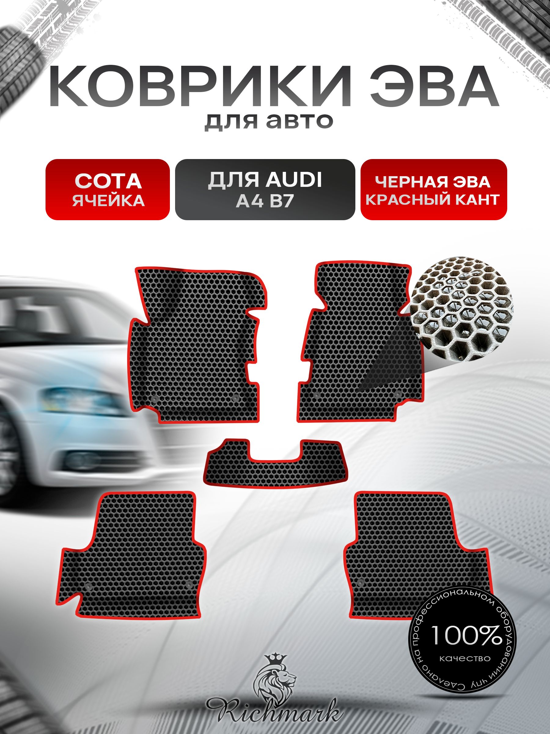 Коврики ЭВА СОТА для авто с бортами Audi A4 B7 2004-2007 / Ауди А4 Б7 Чёрный с Красным кантом. Ричмарк — фото 1