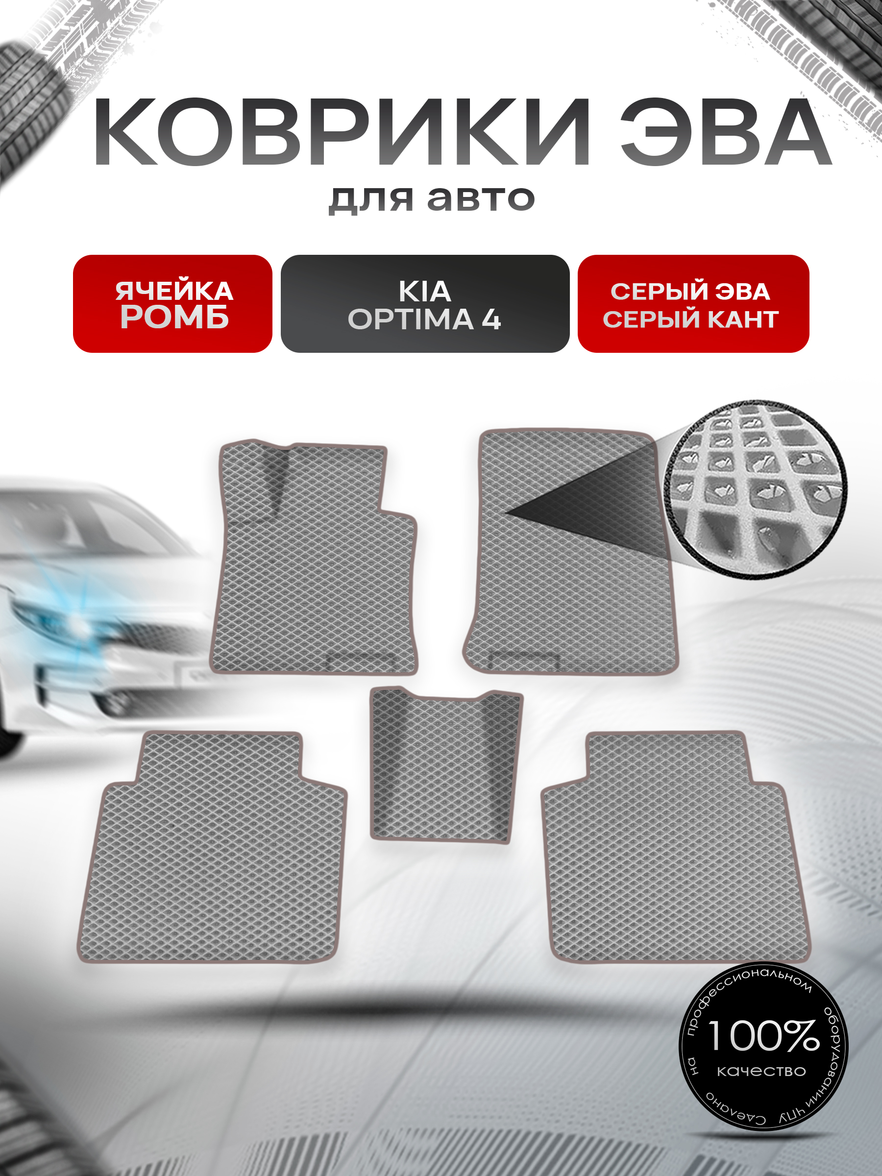 Коврики ЭВА Ромб для авто Киа Оптима / Kia Optima 4 2016-2020 Г.В. Серый с Серым кантом. Ричмарк — фото 1