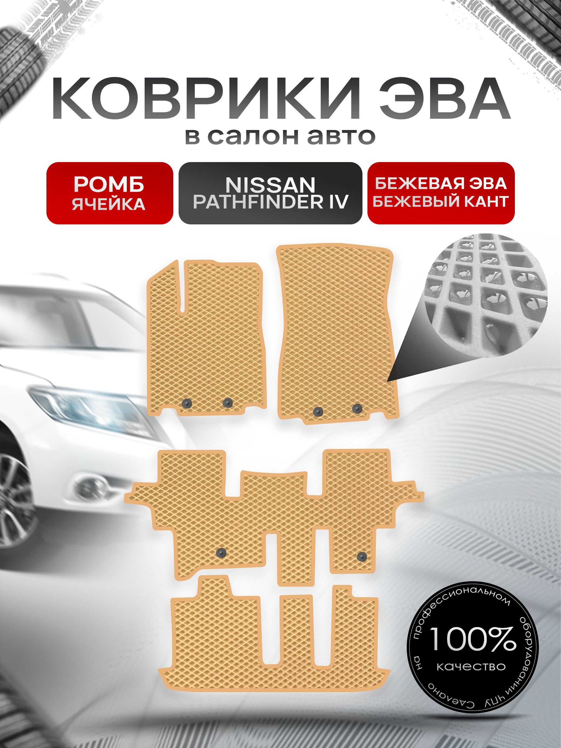 Коврики ЭВА РОМБ для авто Ниссан Патфайндер Р52 (7мест) / Nissan Pathfinder (R52) 2014 - 2020 7 мест Бежевый С Бежевым Кантом. Ричмарк — фото 1