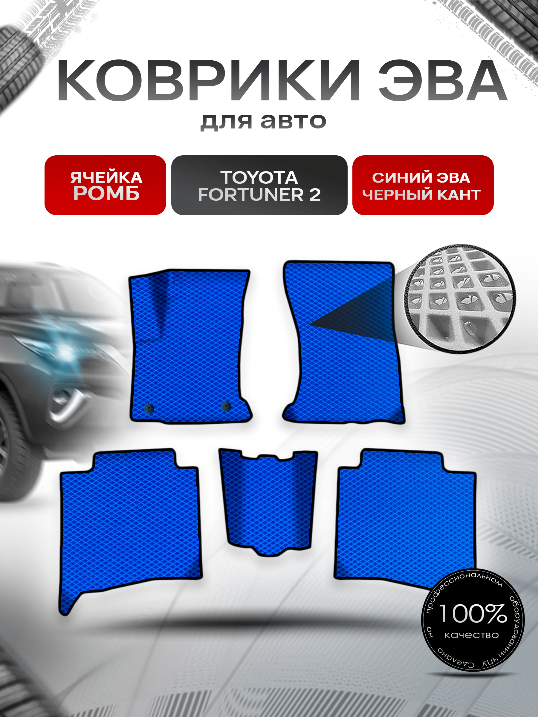 Коврики ЭВА Ромб для авто Тойота Фортунер / Toyota Fortuner 2 2015-2022 Г.В. Синий с Чёрным кантом. Ричмарк — фото 1