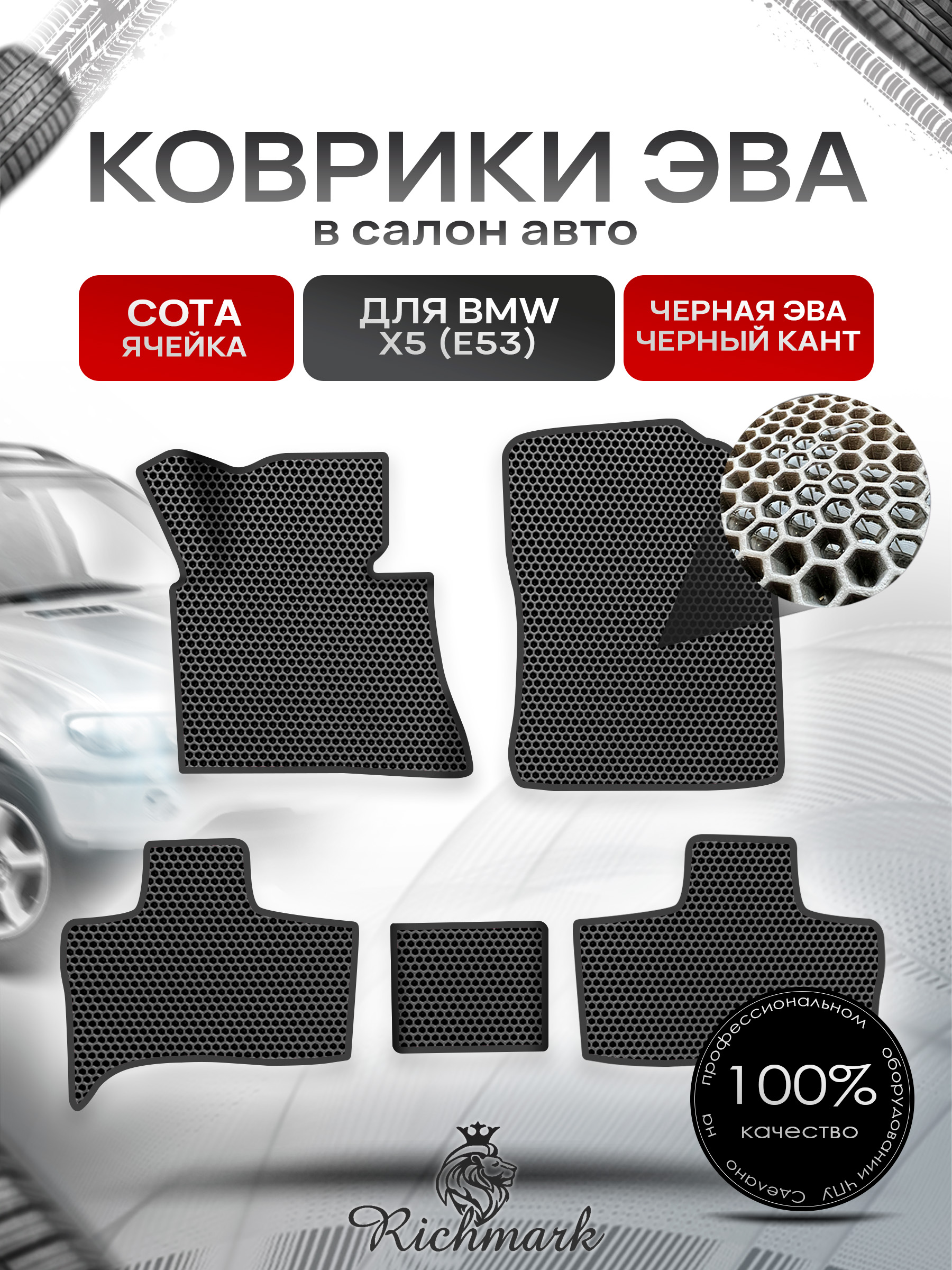 Коврики ЭВА СОТА для авто Бмв / BMW X5 (E53) 1999-2006 Г.В. Чёрный с Чёрным кантом. Ричмарк — фото 1