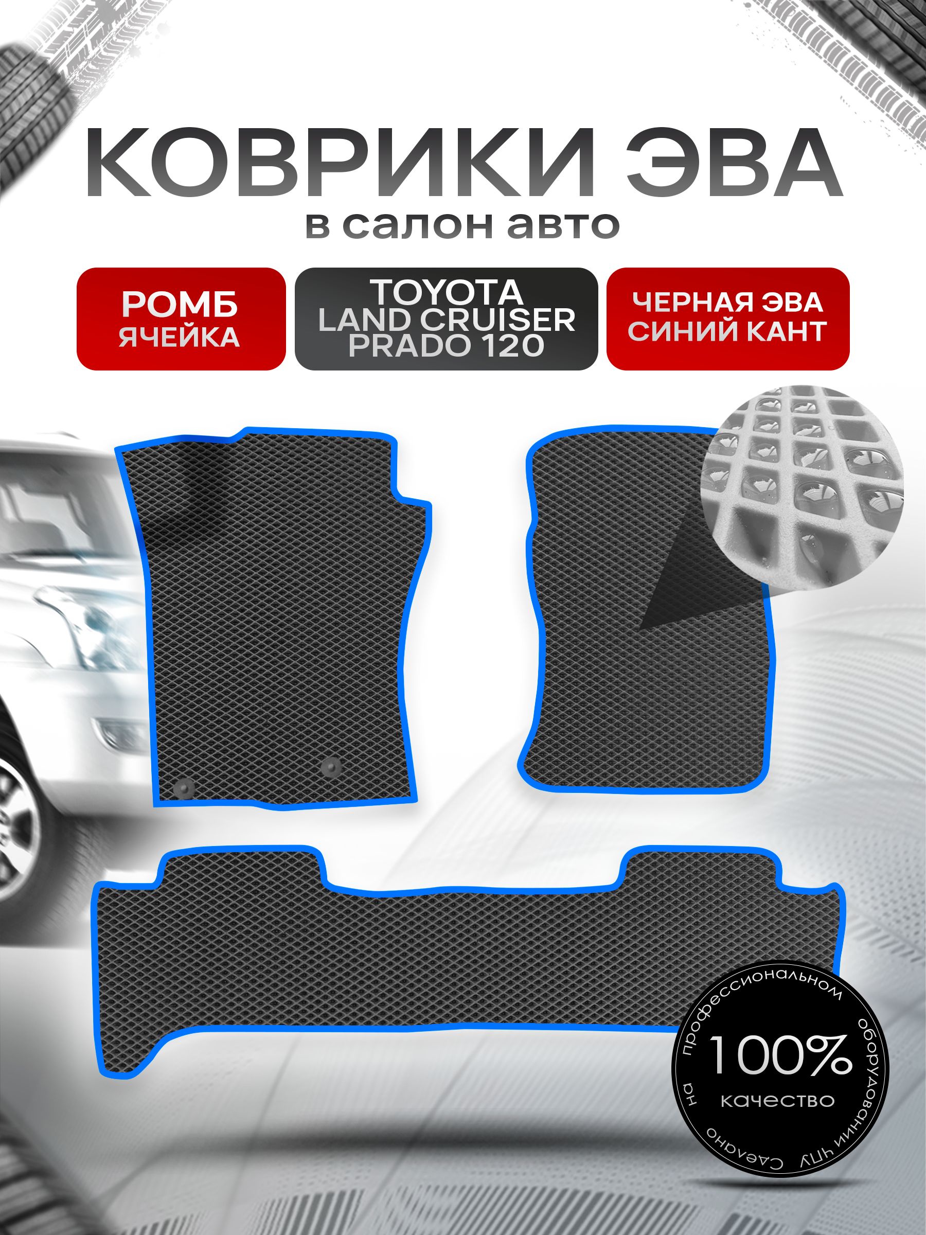 Коврики ЭВА для авто Toyota Land Cruiser / Тойота Лэнд Круизер Prado 120 2002-2009 Г.В. Чёрный С Синим Кантом. Ричмарк — фото 1