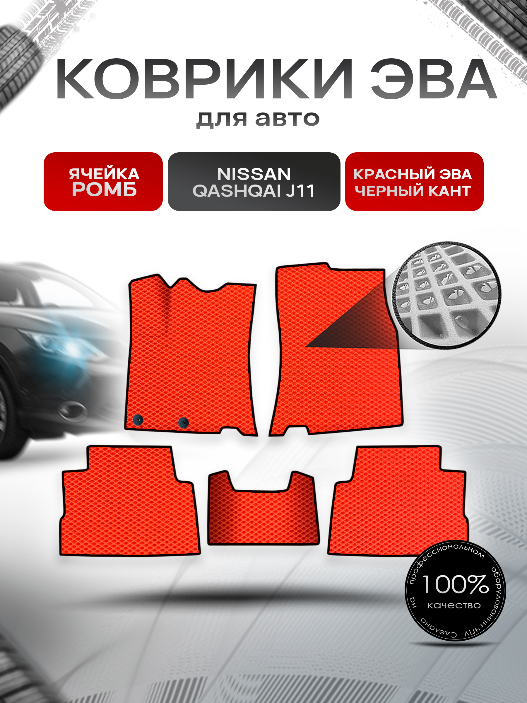 Коврики ЭВА Ромб для авто Nissan Qashqai / Ниссан Кашкай (Английская сборка) J11 2013-2021 Г.В. Красный с Чёрным кантом. Ричмарк — фото 1
