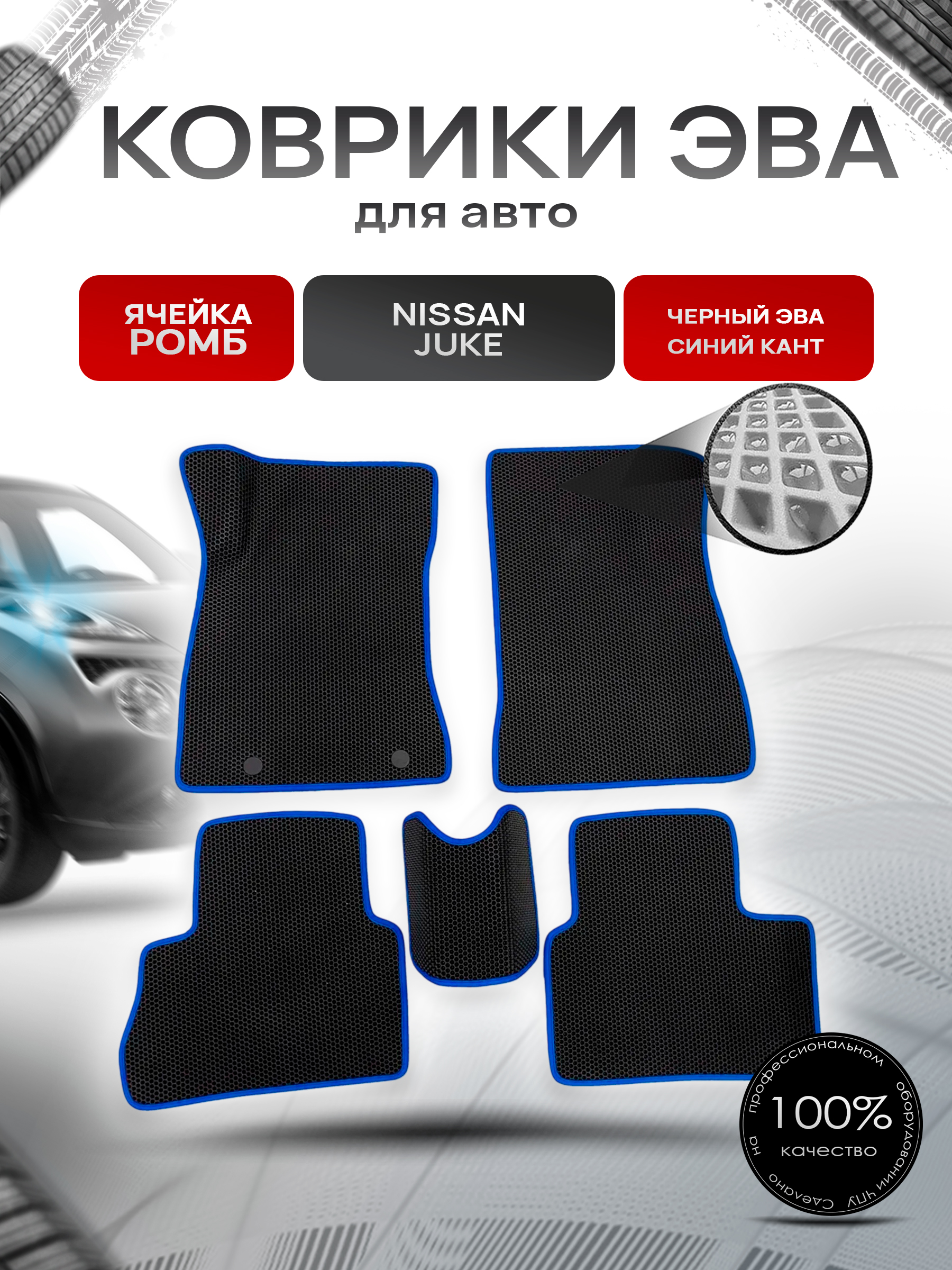Коврики ЭВА для авто Nissan Juke / Ниссан Жук 2010-2019 Г.В. Чёрный С Синим Кантом. Ричмарк — фото 1
