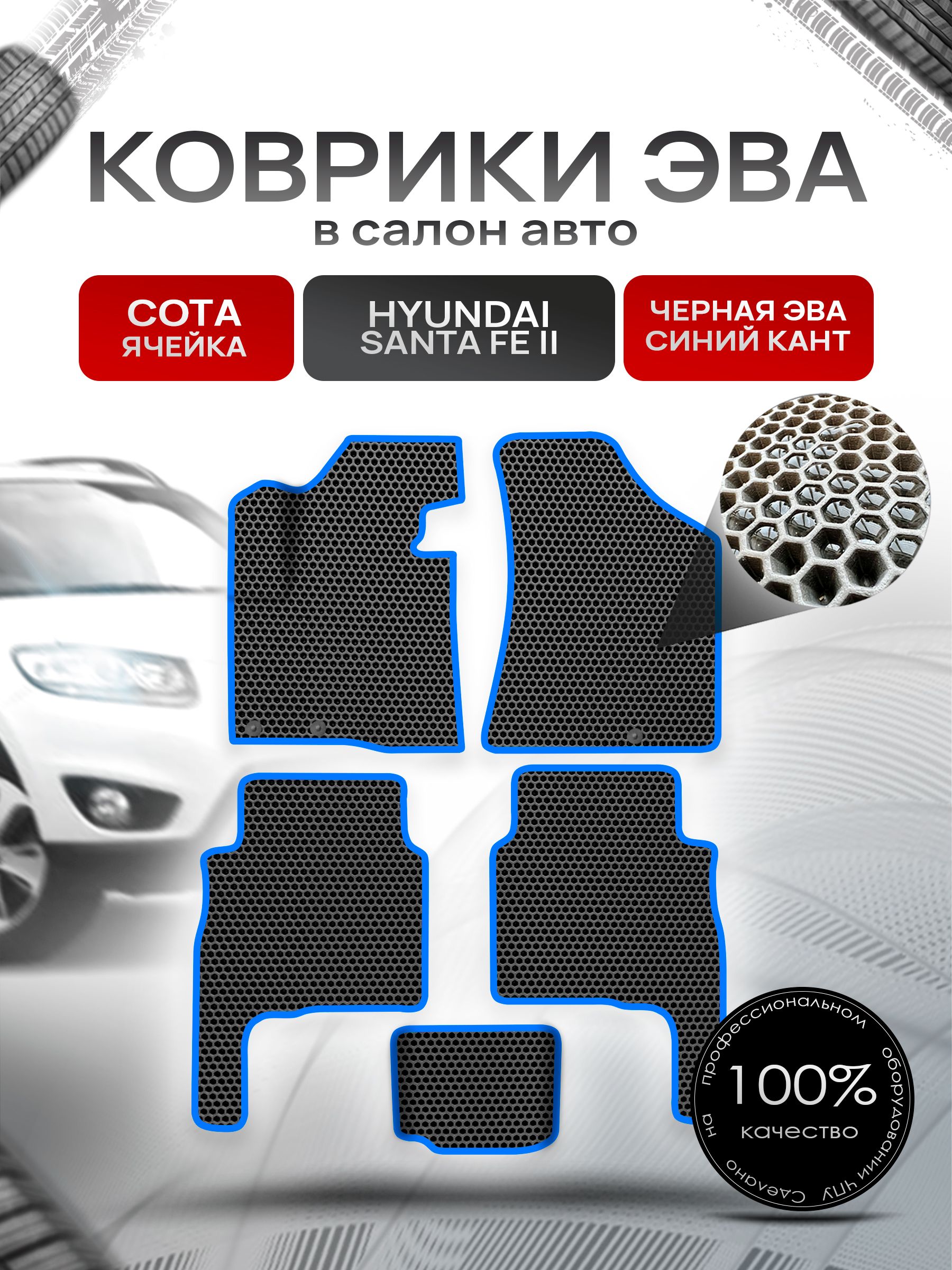 Коврики ЭВА СОТА для авто Хюндай Санта фе / Hyundai Santa Fe 2010-2012 Г.В. Чёрный с Синим кантом. Ричмарк — фото 1