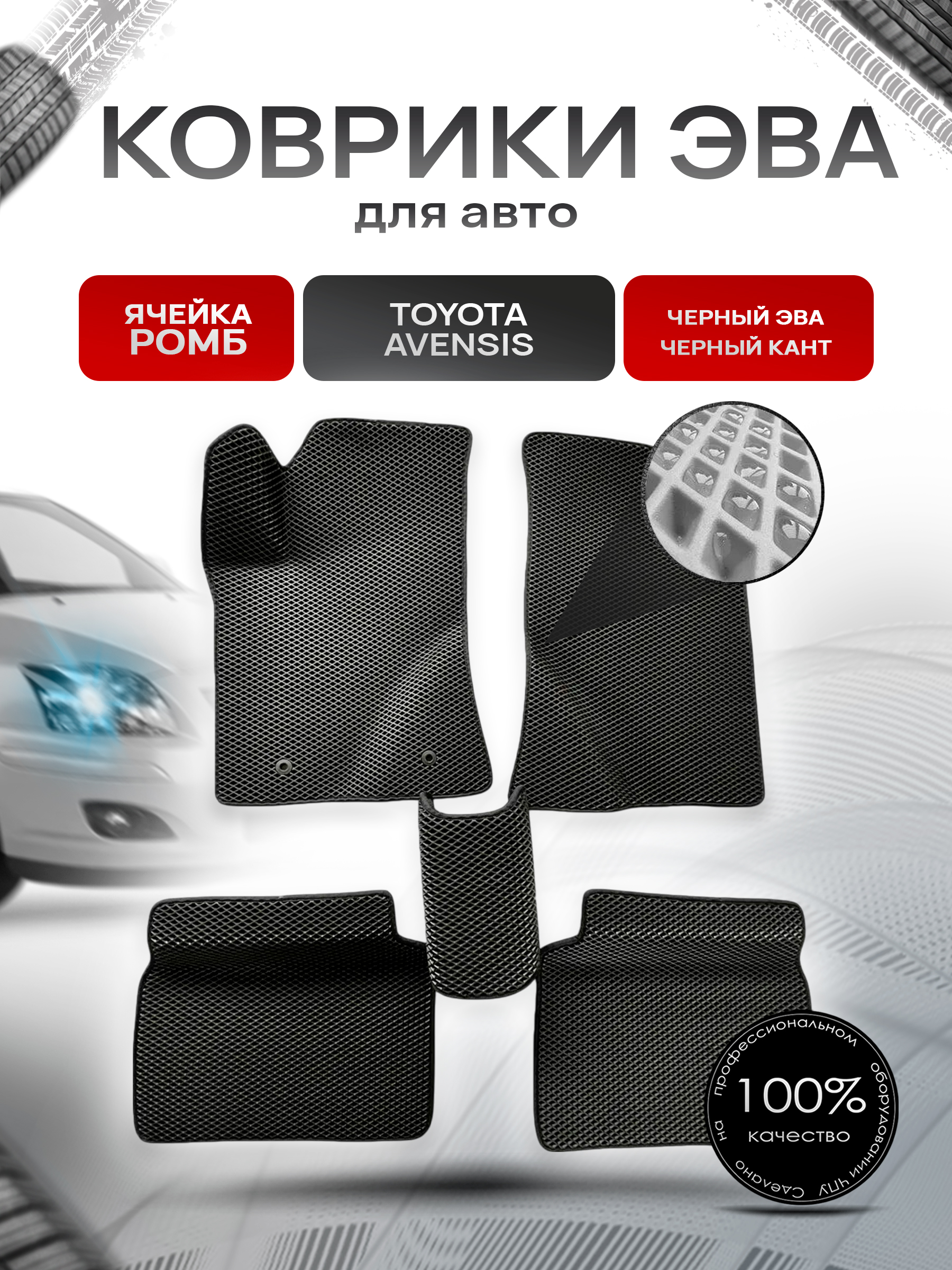 Коврики ЭВА для авто Toyota Avensis / Тойота Авенсис Леворульный 2003-2009 Г.В. Чёрный С Чёрным Кантом. Ричмарк — фото 1