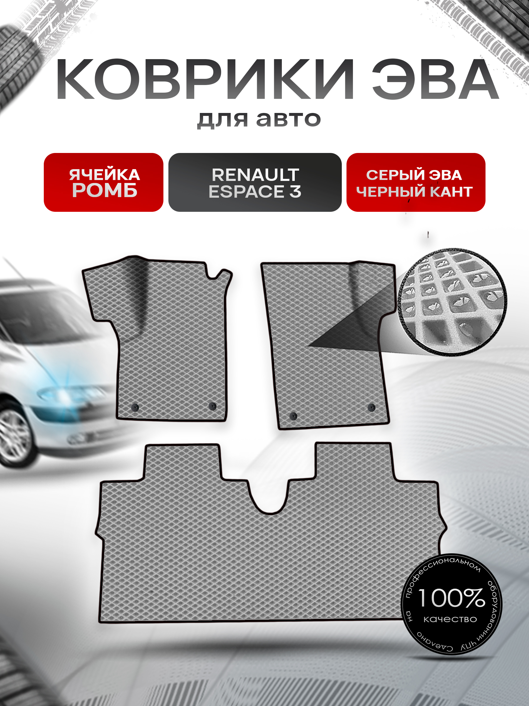 Коврики ЭВА Ромб для авто Renault espace 3 / Рено Еспейс 3 1996-2002 Г.В. Серый с Чёрным кантом. Ричмарк — фото 1