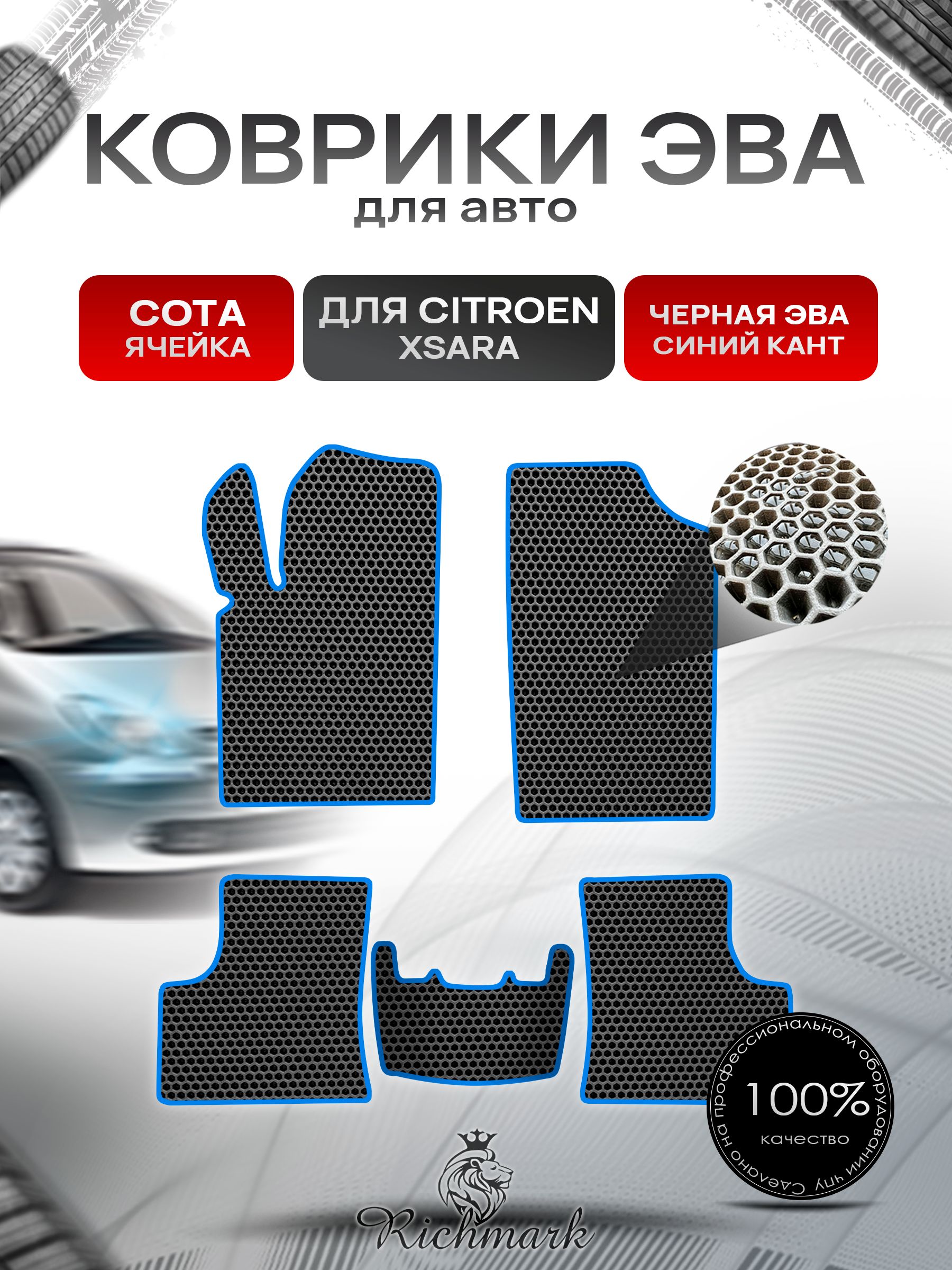 Коврики ЭВА СОТА для автомобиля Citroen Xsara 1997-2006 / Ситроен Ксара Чёрный С Синим Кантом. Ричмарк — фото 1