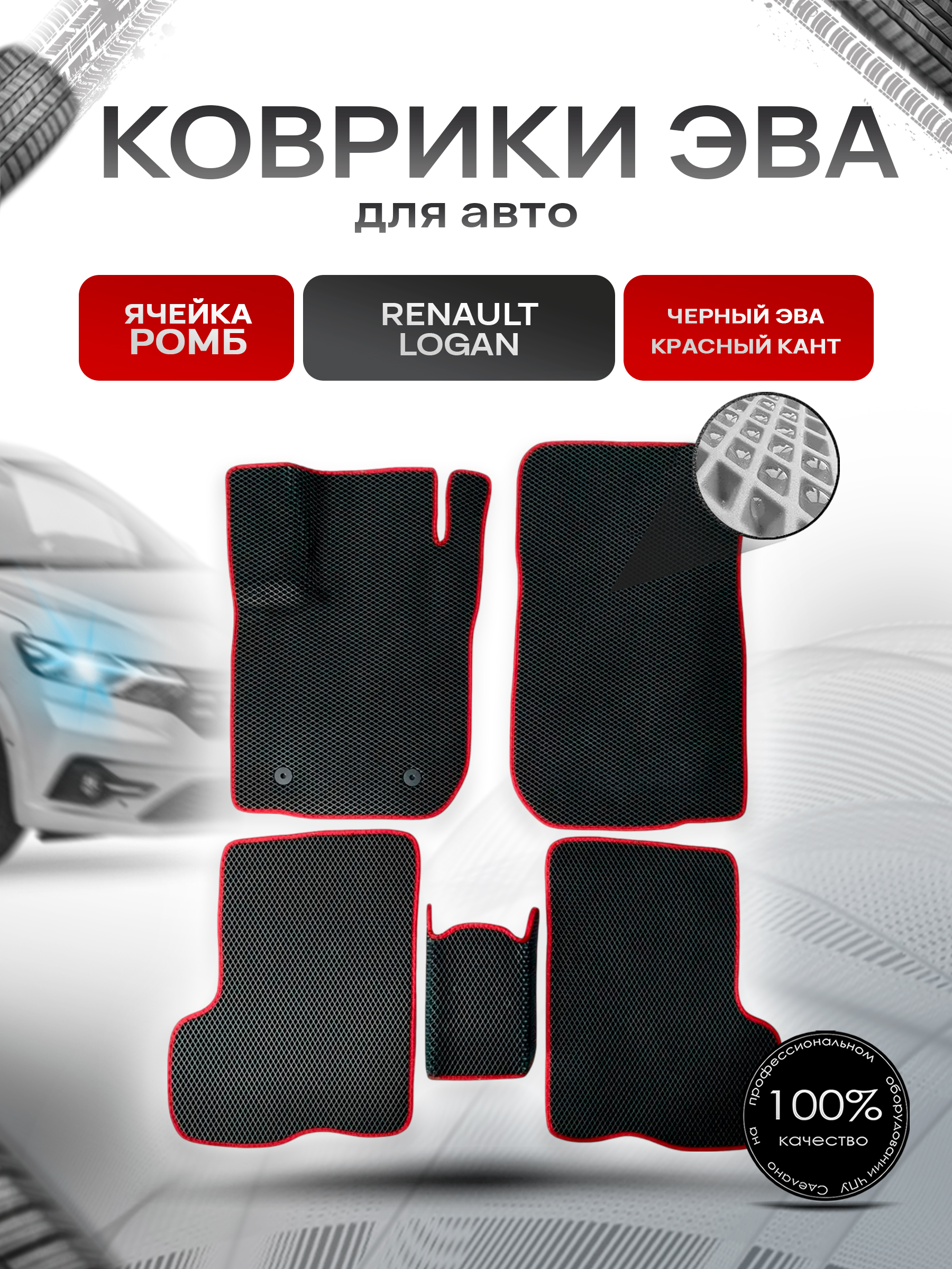 Коврики ЭВА для авто Renault Logan / Рено Логан 2014-2023 Чёрный С Красным Кантом. Ричмарк — фото 1