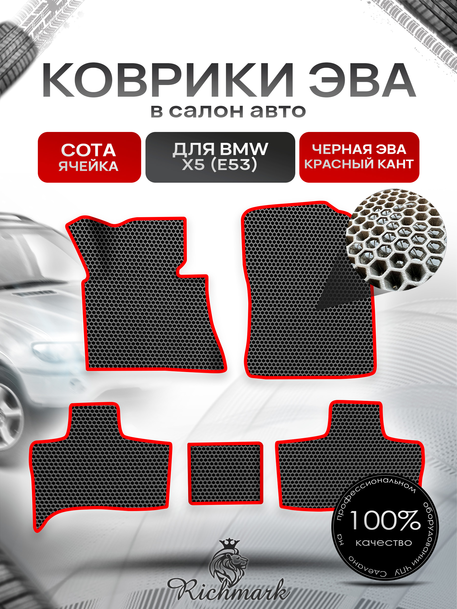 Коврики ЭВА СОТА для авто Бмв / BMW X5 (E53) 1999-2006 Г.В. Чёрный с Красным кантом. Ричмарк — фото 1