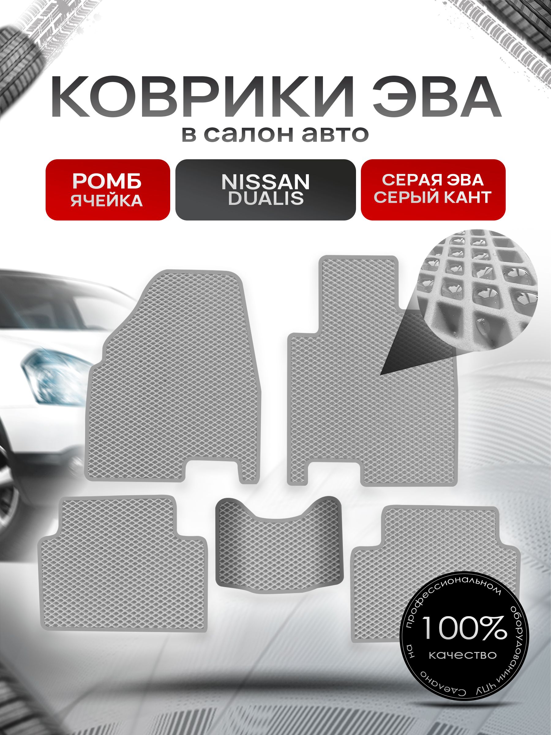 Коврики ЭВА РОМБ для авто Ниссан Дуалис / Nissan Dualis 2006-2013 (правый руль) Серый С Серым Кантом. Ричмарк — фото 1