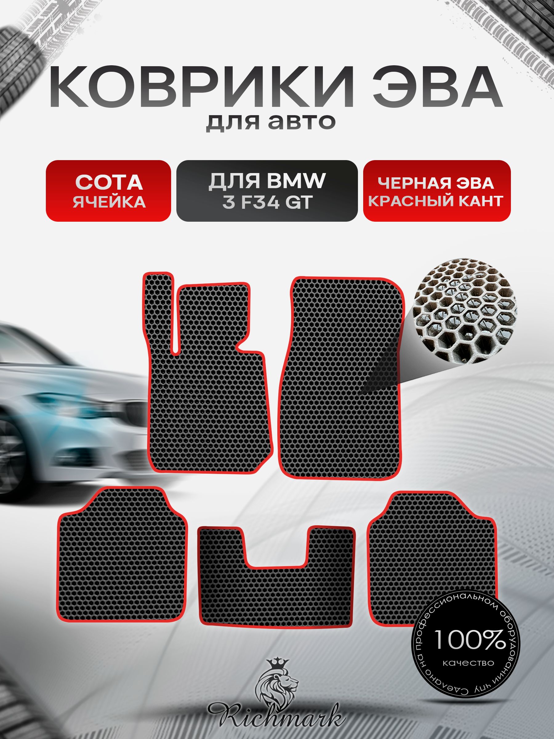 Коврики ЭВА СОТА для автомобиля BMW 3 (F34) GT 2013-2020 / БМВ 3 (Ф34) Чёрный С Красным Кантом. Ричмарк — фото 1
