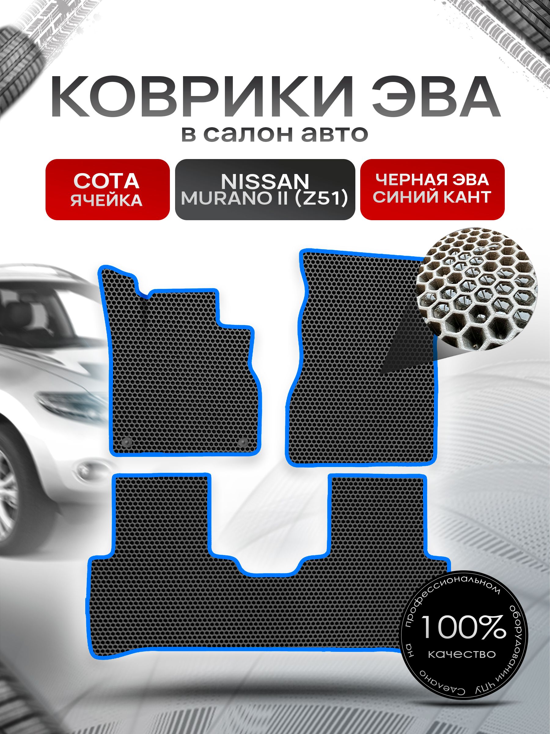 Коврики ЭВА СОТА для авто Ниссан Мурано з51 / Nissan Murano Z51 Левый Руль 2008-2015 Г.В. Чёрный с Синим кантом. Ричмарк — фото 1