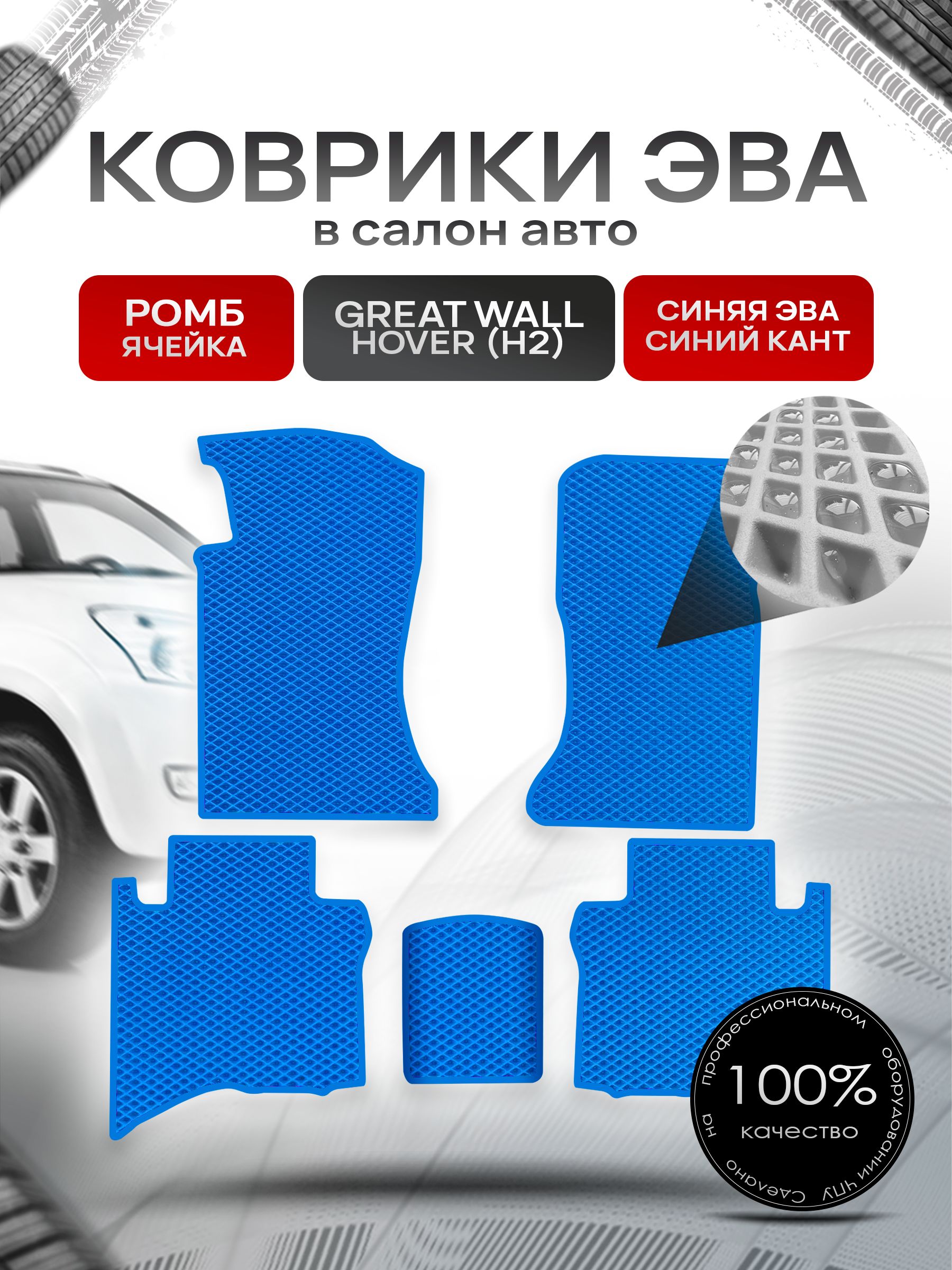 Коврики ЭВА РОМБ для авто Грейт Волл Ховер (5 мест) / Great Wall Hover (H2) 2005-2010 (5 мест) Синий С Синим Кантом. Ричмарк — фото 1