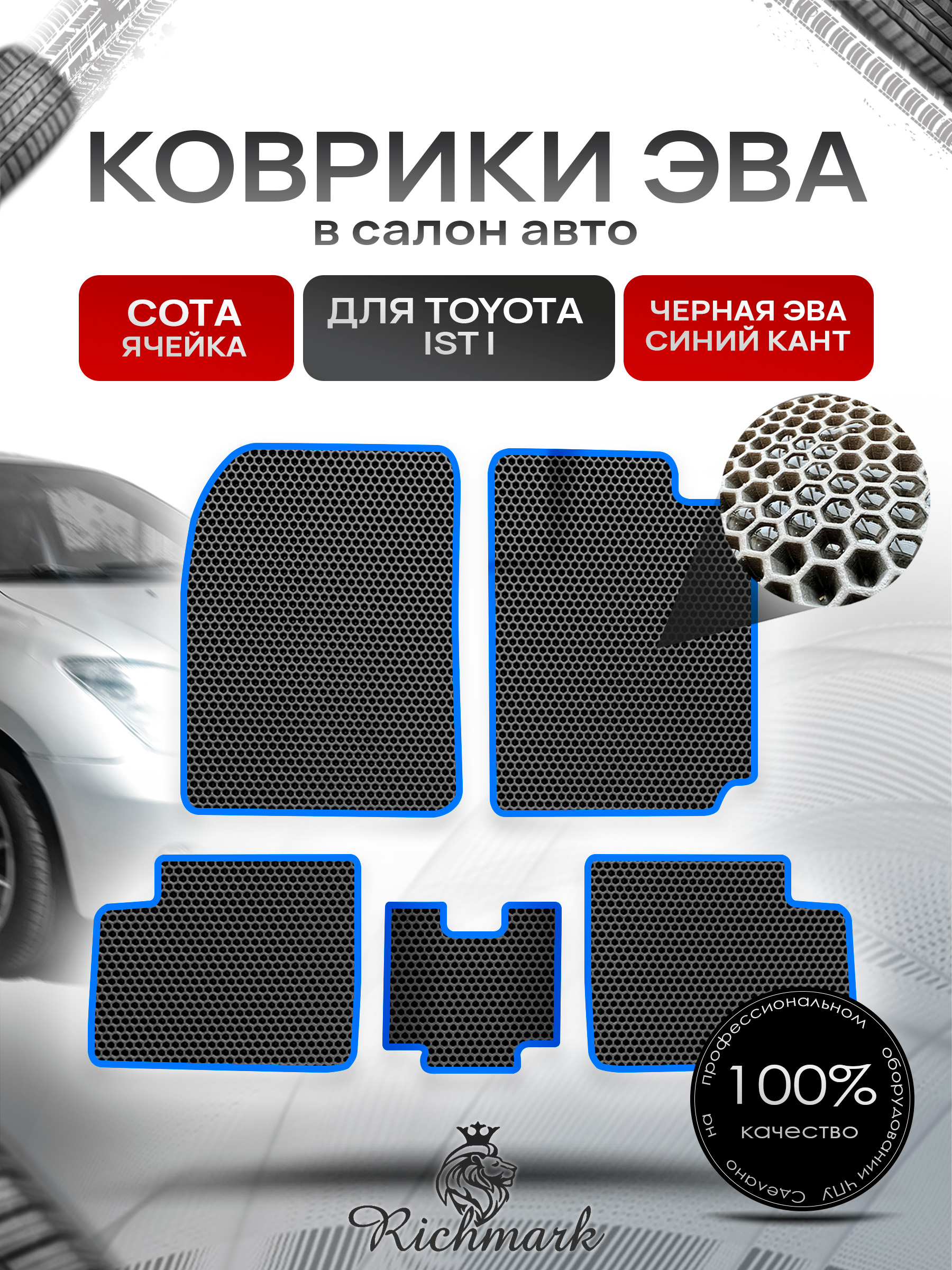 Коврики ЭВА СОТА для автомобиля Toyota Ist I (NCP60, правый руль) 2001 - 2007 / Тойота Ист Чёрный С Синим Кантом. Ричмарк — фото 1