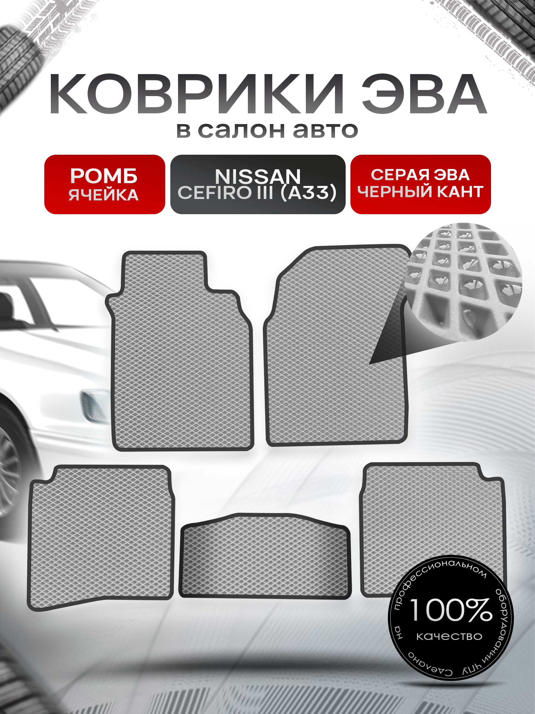 Коврики ЭВА РОМБ для авто Ниссан Цефиро 3 А33 / Nissan Cefiro 3 (A33) 1998 - 2003 Серый С Чёрным Кантом. Ричмарк — фото 1