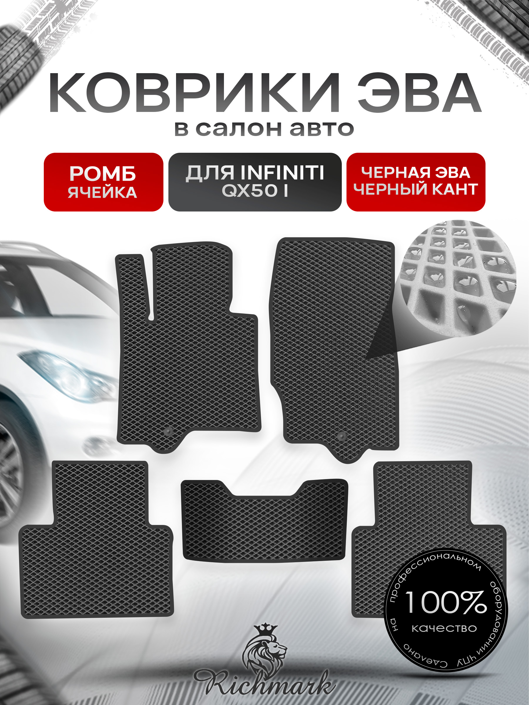 Коврики ЭВА РОМБ для автомобиля Infiniti QX50 I 2013-2017 / Инфинити Чёрный С Чёрным Кантом. Ричмарк — фото 1