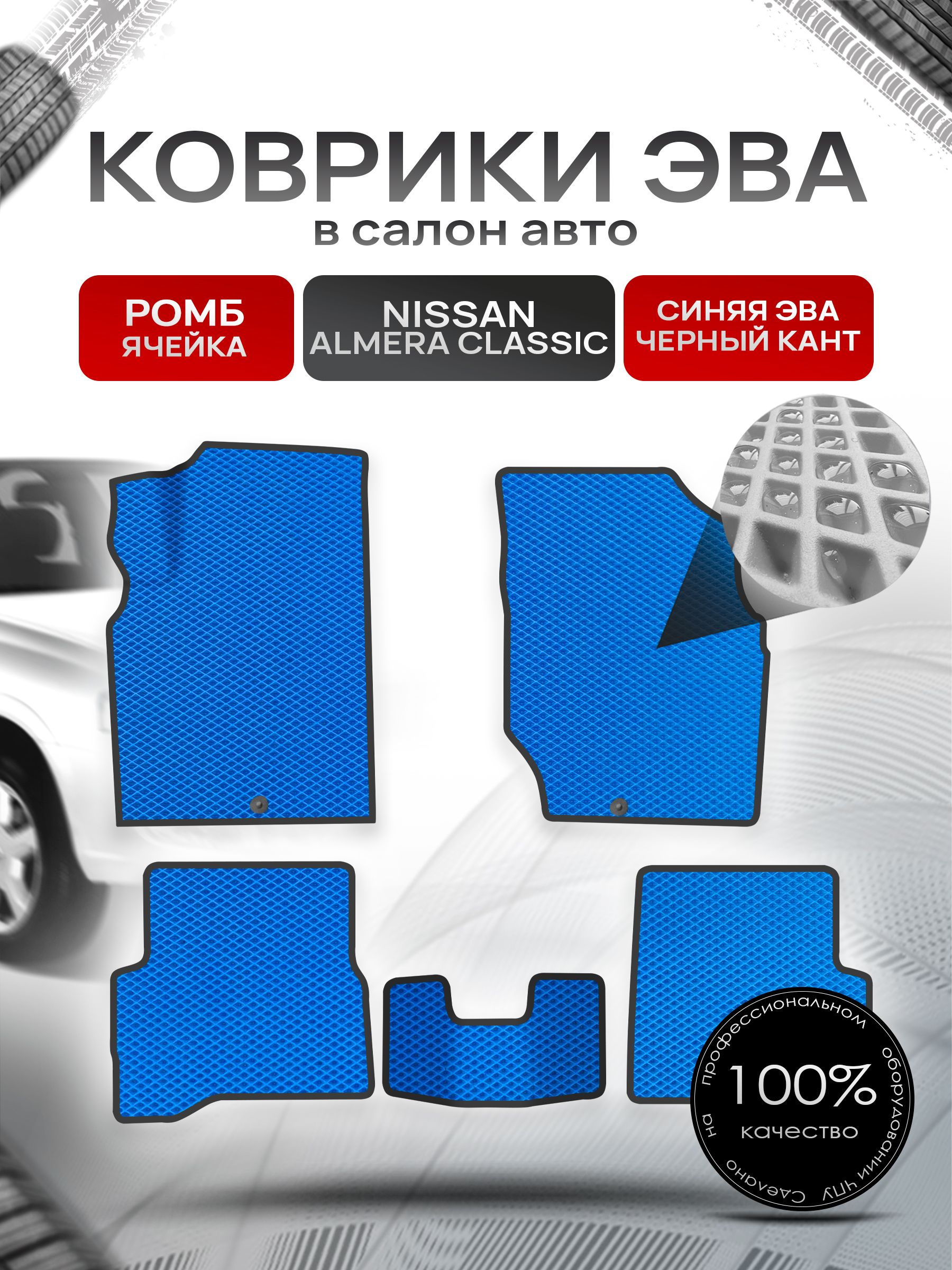 Коврики ЭВА для авто Nissan Almera / Ниссан Альмера Classic 2006-2013 Г.В. Синий С Чёрным Кантом. Ричмарк — фото 1