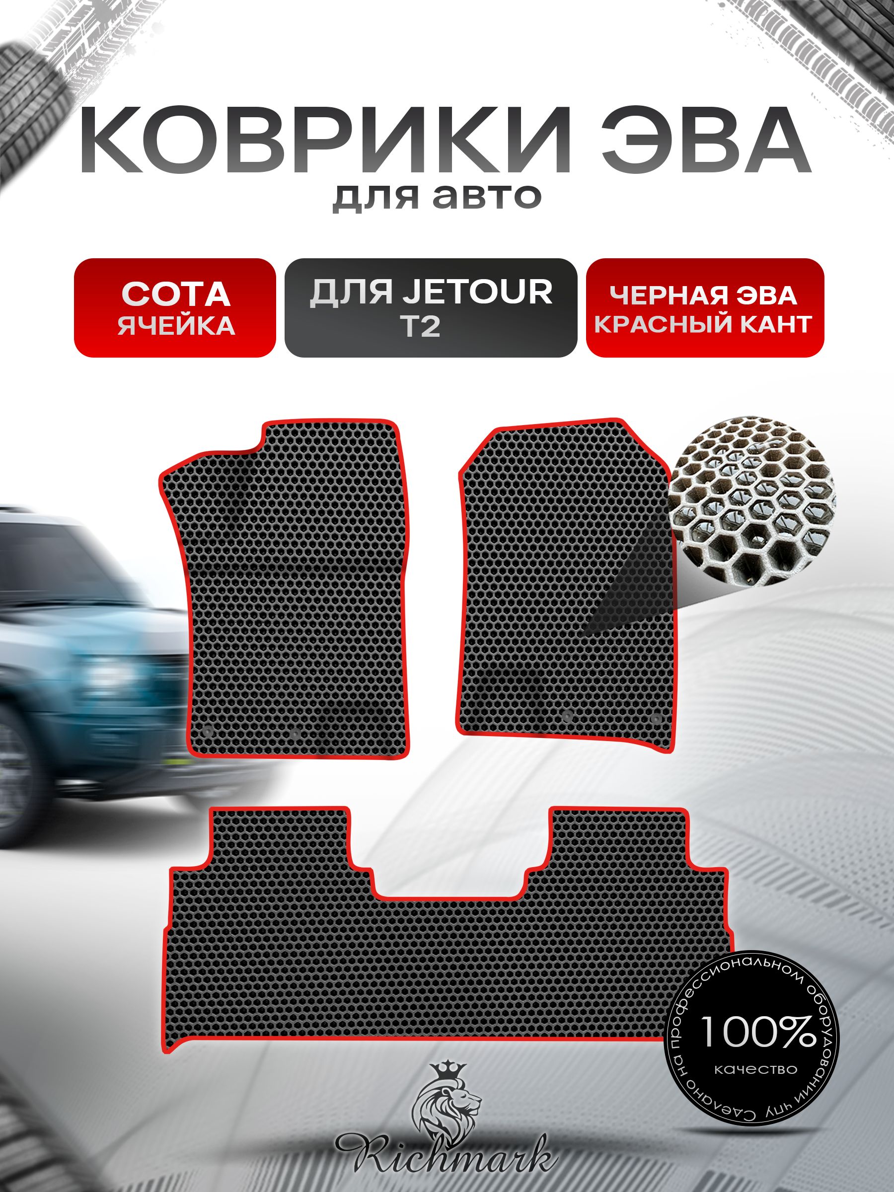 Коврики ЭВА СОТА для автомобиля Jetour T2 2023+ / Джетур Т2 Чёрный С Красным Кантом. Ричмарк — фото 1