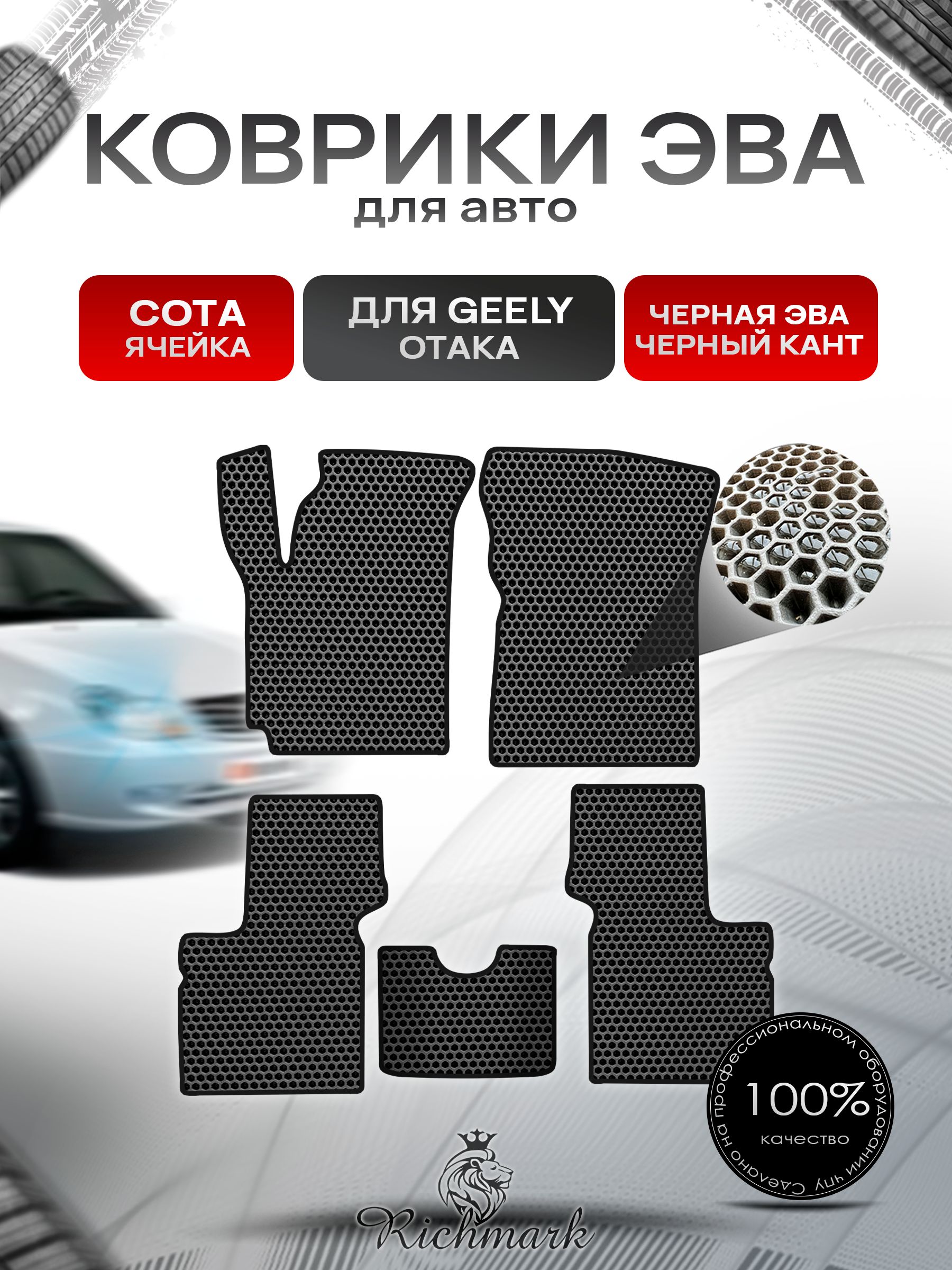 Коврики ЭВА СОТА для автомобиля Geely Otaka 2005-2016 / Джили Отака Чёрный С Чёрным Кантом. Ричмарк — фото 1