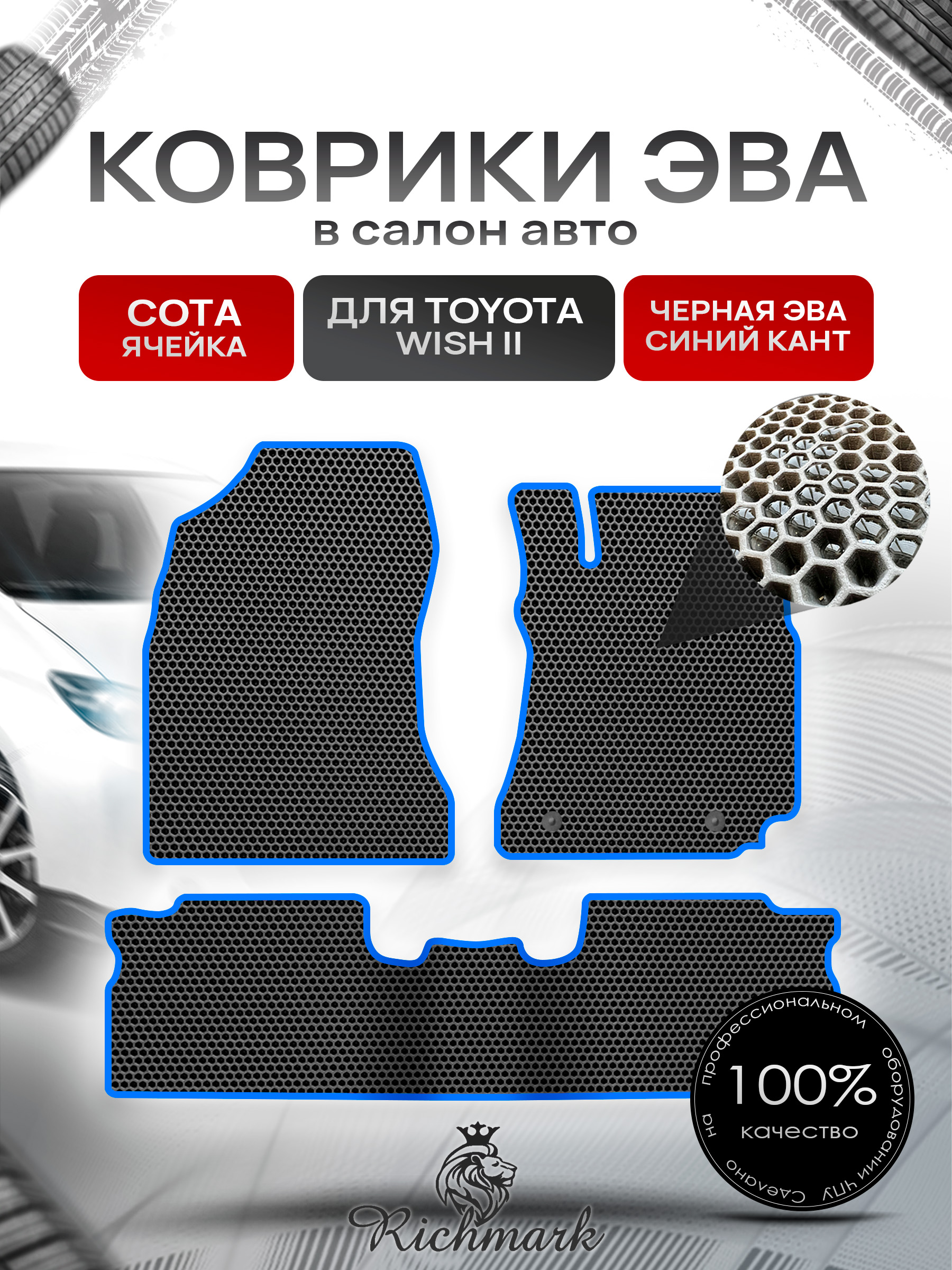 Коврики ЭВА СОТА для автомобиля Toyota Wish II 2009-2012 правый руль / Тойота Виш 2 Чёрный С Синим Кантом. Ричмарк — фото 1