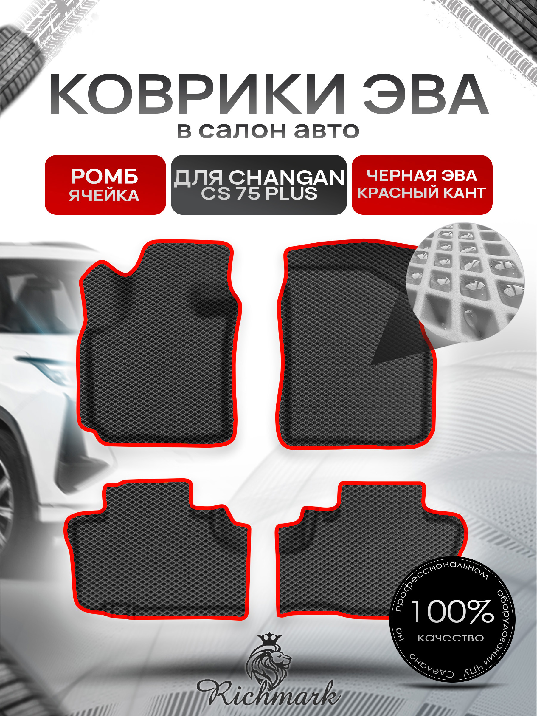 Коврики ЭВА Ромб для авто с бортами Changan CS75+ 2022+ / Чанган 75+ Чёрный с Красным кантом. Ричмарк — фото 1
