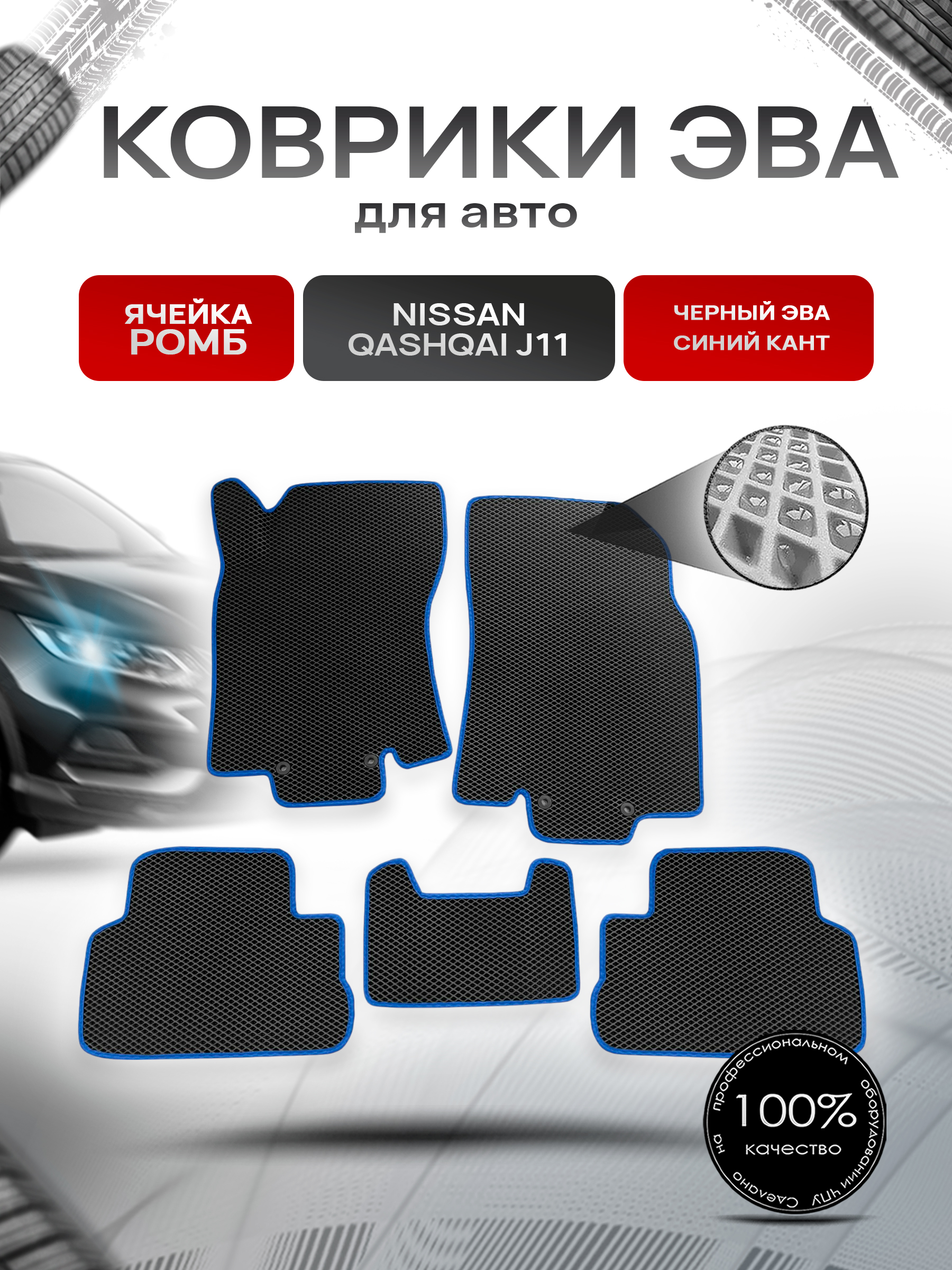 Коврики ЭВА Ромб для авто Nissan Qashqai / Ниссан Кашкай (Российская сборка) J11 2013-2021 Г.В. Чёрный с Синим кантом. Ричмарк — фото 1