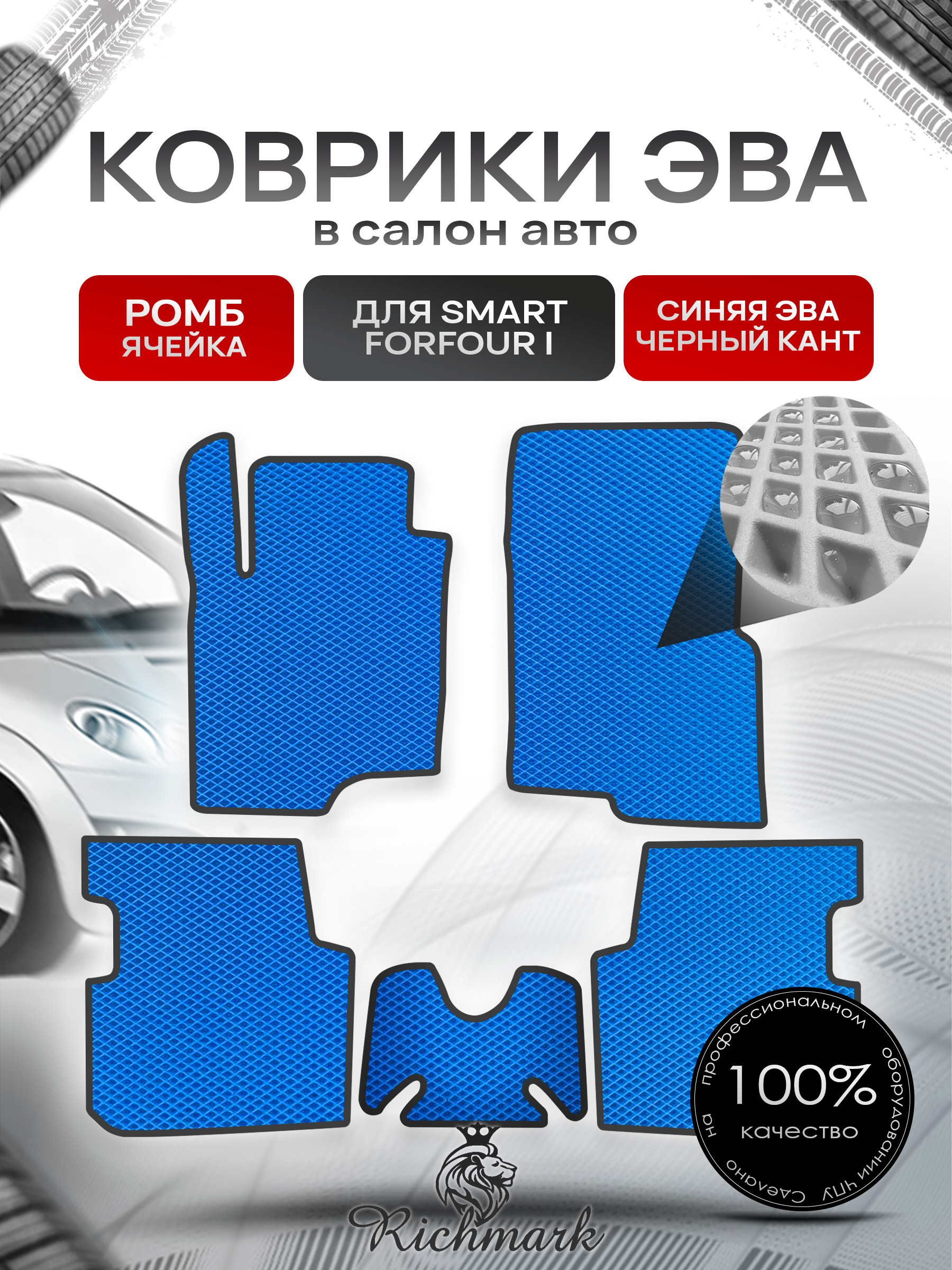 Коврики ЭВА РОМБ для автомобиля Smart Forfour I 2004-2006 / Смарт Форфор Синий С Чёрным Кантом. Ричмарк — фото 1