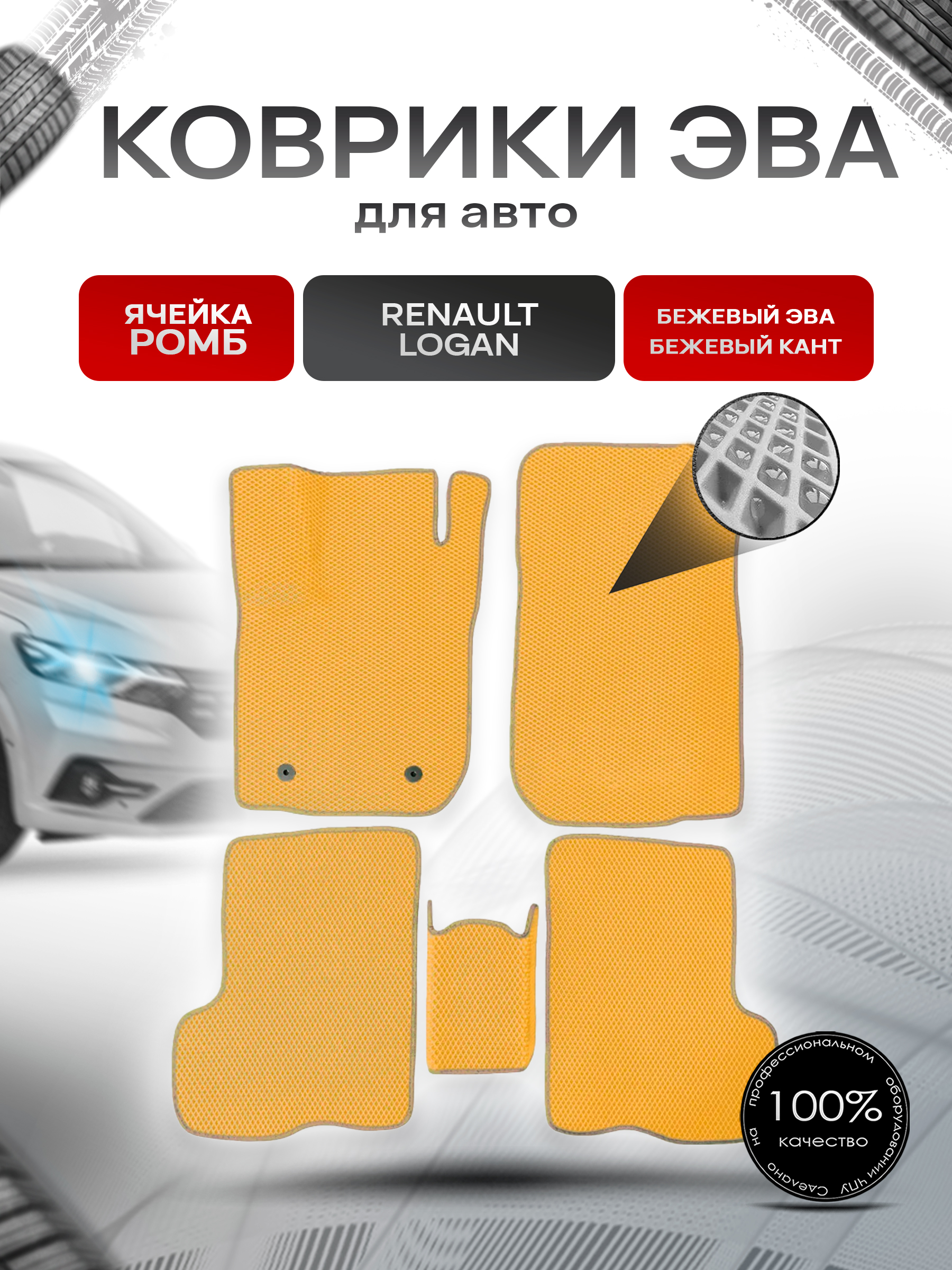 Коврики ЭВА для авто Renault Logan / Рено Логан 2014-2023 Бежевый С Бежевым Кантом. Ричмарк — фото 1