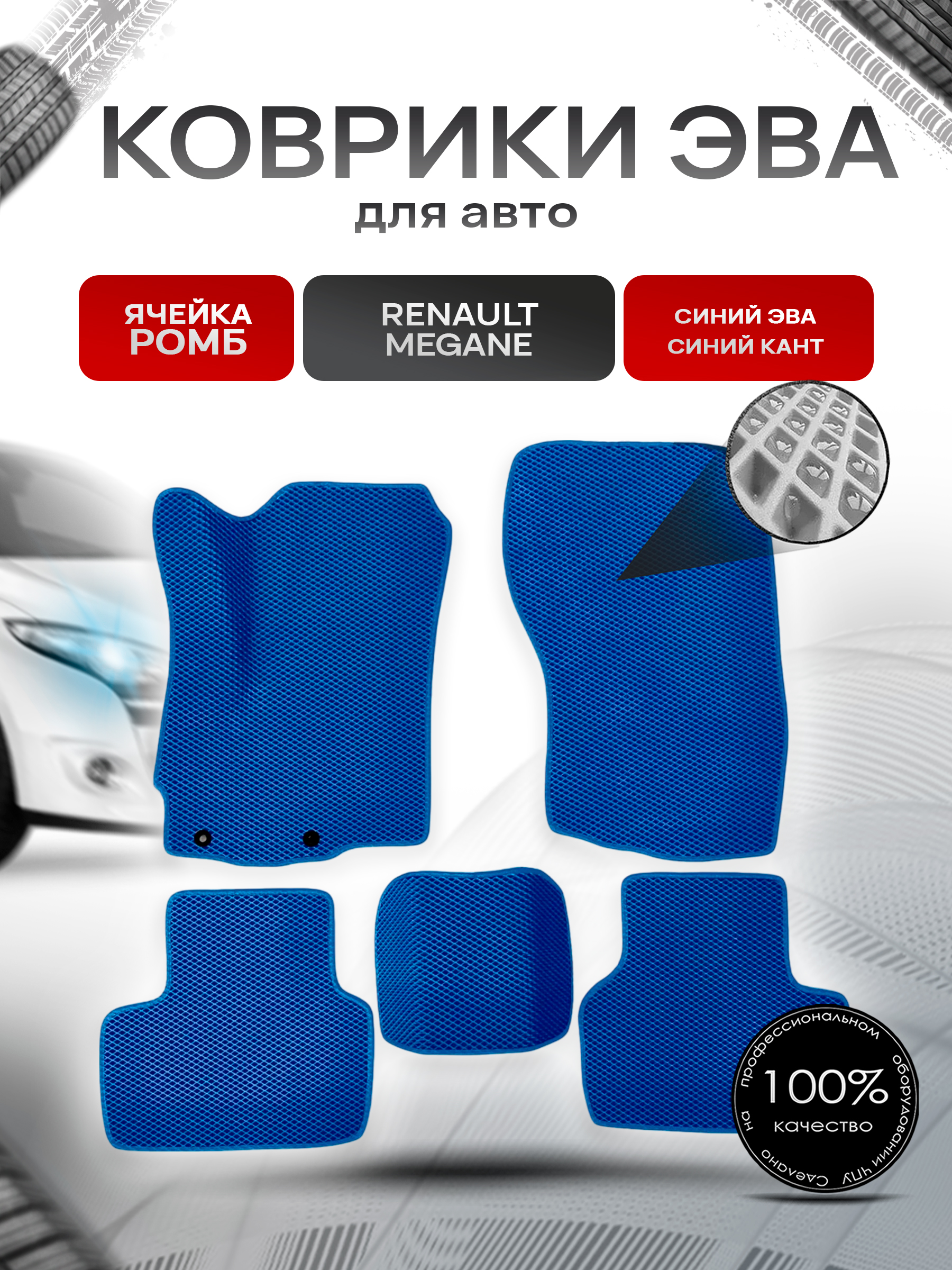 Коврики ЭВА для авто Renault Megane / Рено Меган 2008-2016 Г.В. Синий С Синим Кантом. Ричмарк — фото 1