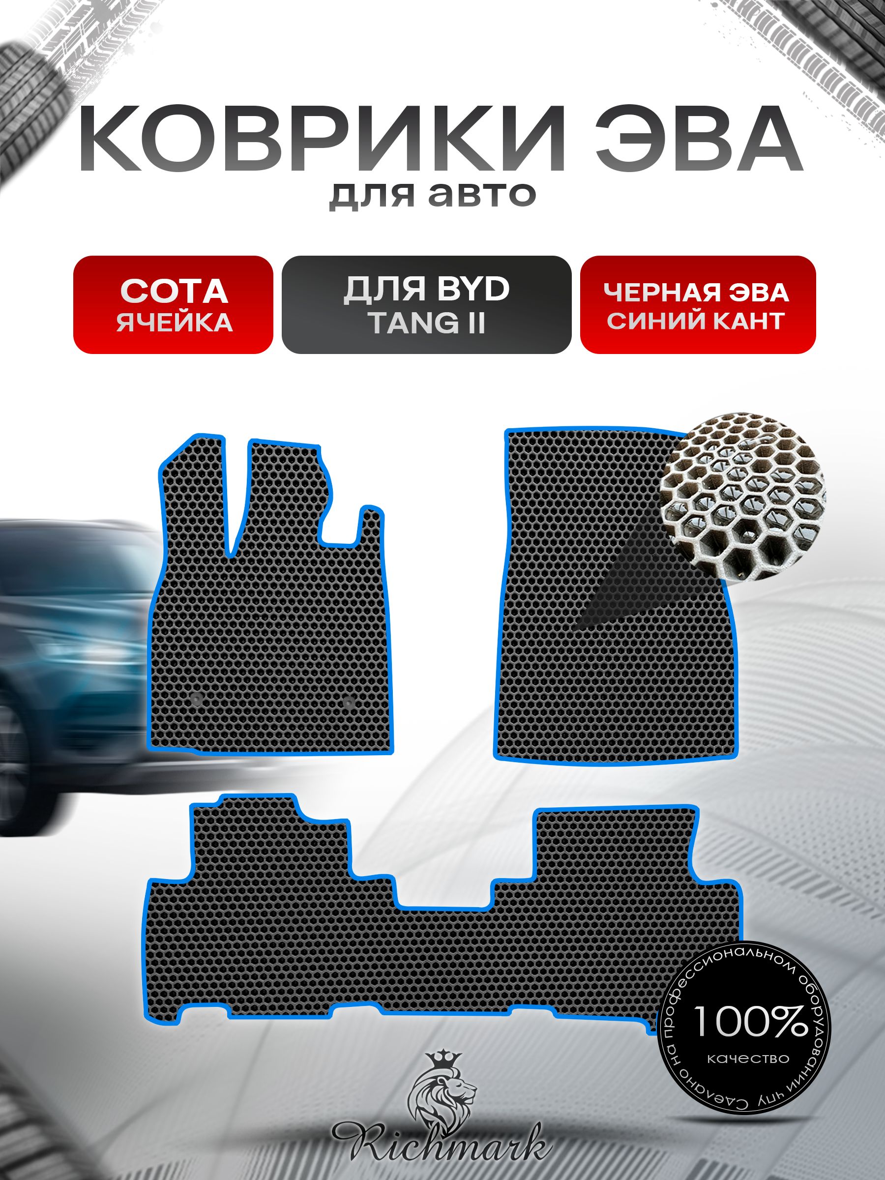 Коврики ЭВА СОТА для автомобиля BYD Tang (II) (6мест) / БУД Танг 2018+ Чёрный С Синим Кантом. Ричмарк — фото 1