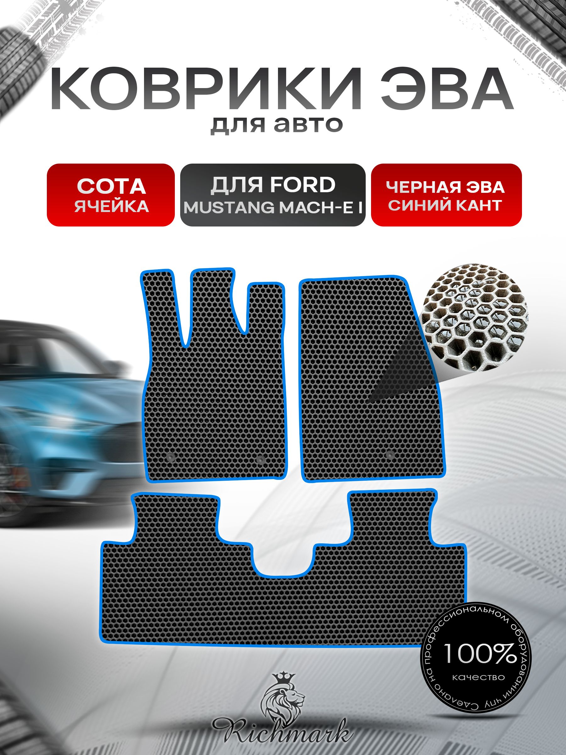 Коврики ЭВА СОТА для автомобиля Ford Mustang Mach-E 2020+ / Форд Мустанг Марч-Е Чёрный С Синим Кантом. Ричмарк — фото 1