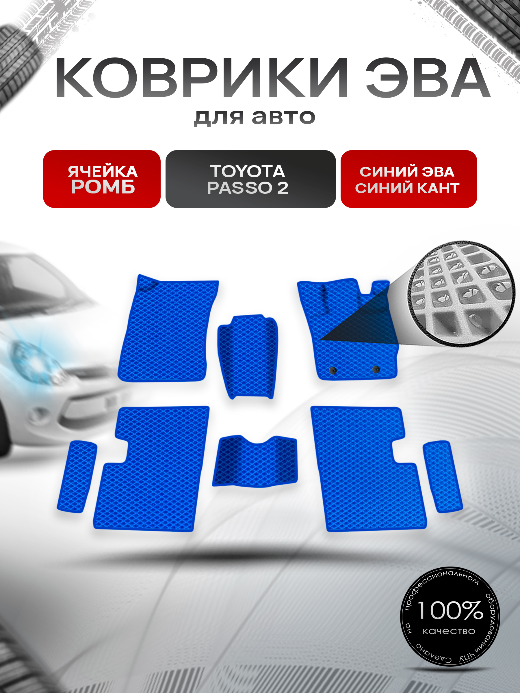 Коврики ЭВА Ромб для авто Toyota Passo 2 / Тойота Пассо 2 2010-2014 Г.В. Синий с Синим кантом. Ричмарк — фото 1