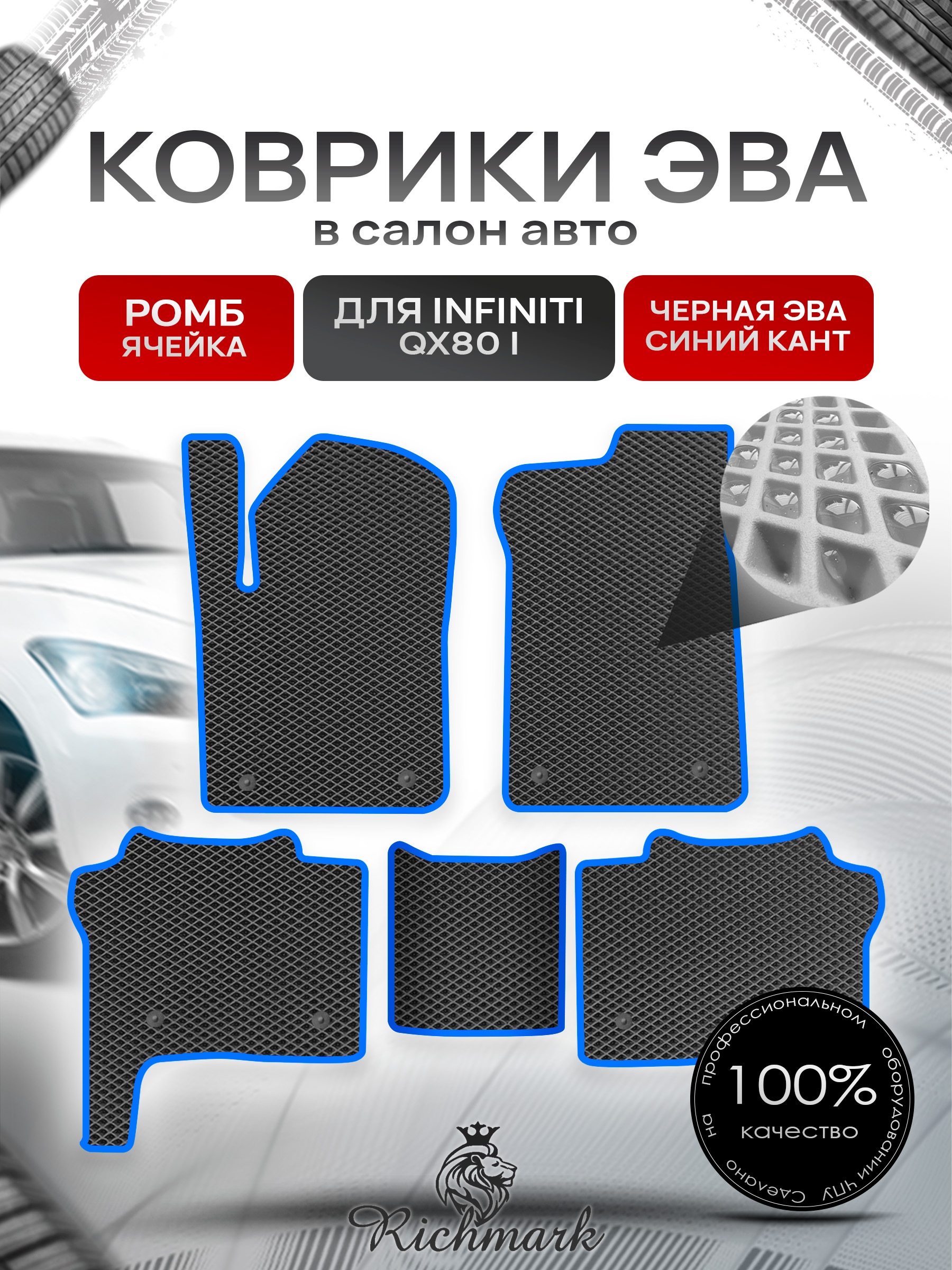 Коврики ЭВА РОМБ для автомобиля Infiniti QX80 I 2013+ / Инфинити Чёрный С Синим Кантом. Ричмарк — фото 1