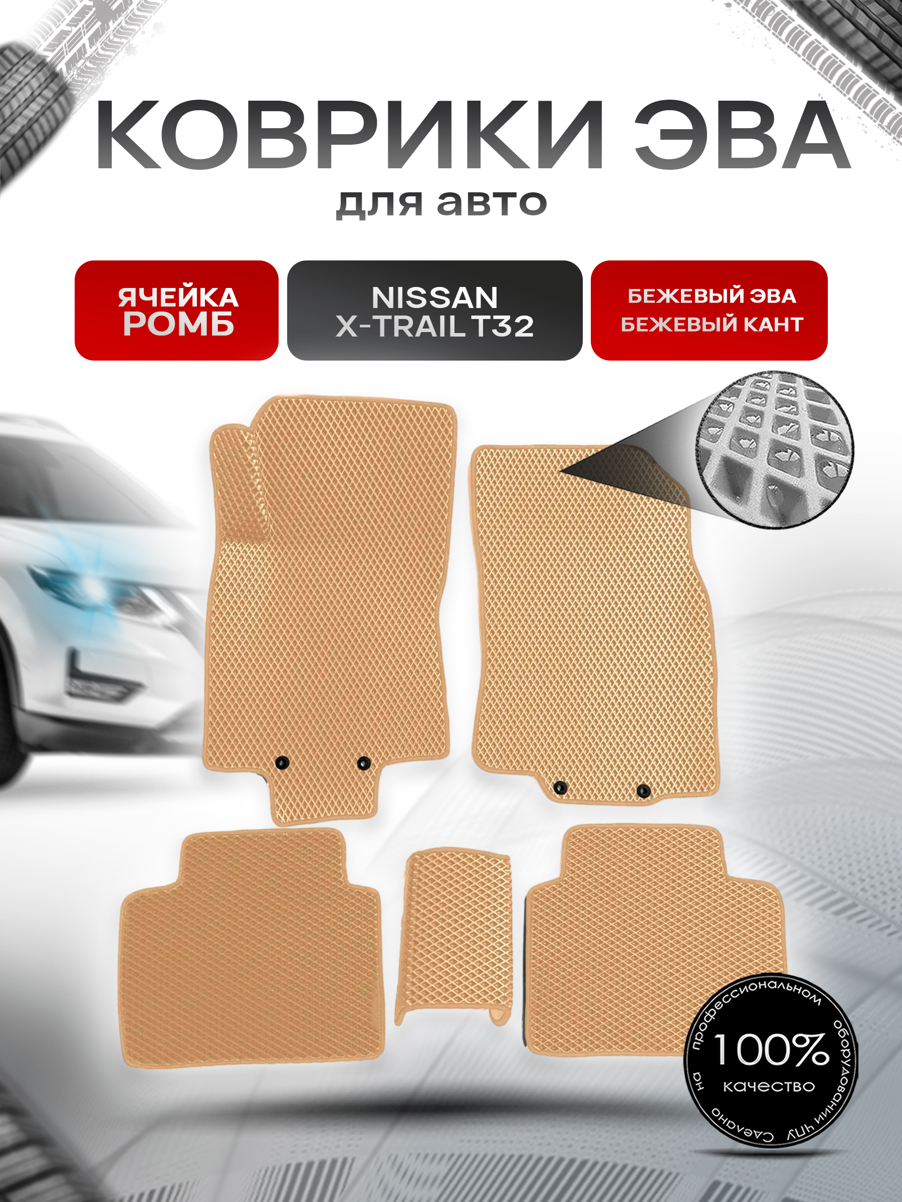 Коврики ЭВА для авто Nissan X-Trail / Ниссан Икс Трейл (T32) Левый Руль 2013-2021 Г.В. Бежевый С Бежевым Кантом. Ричмарк — фото 1