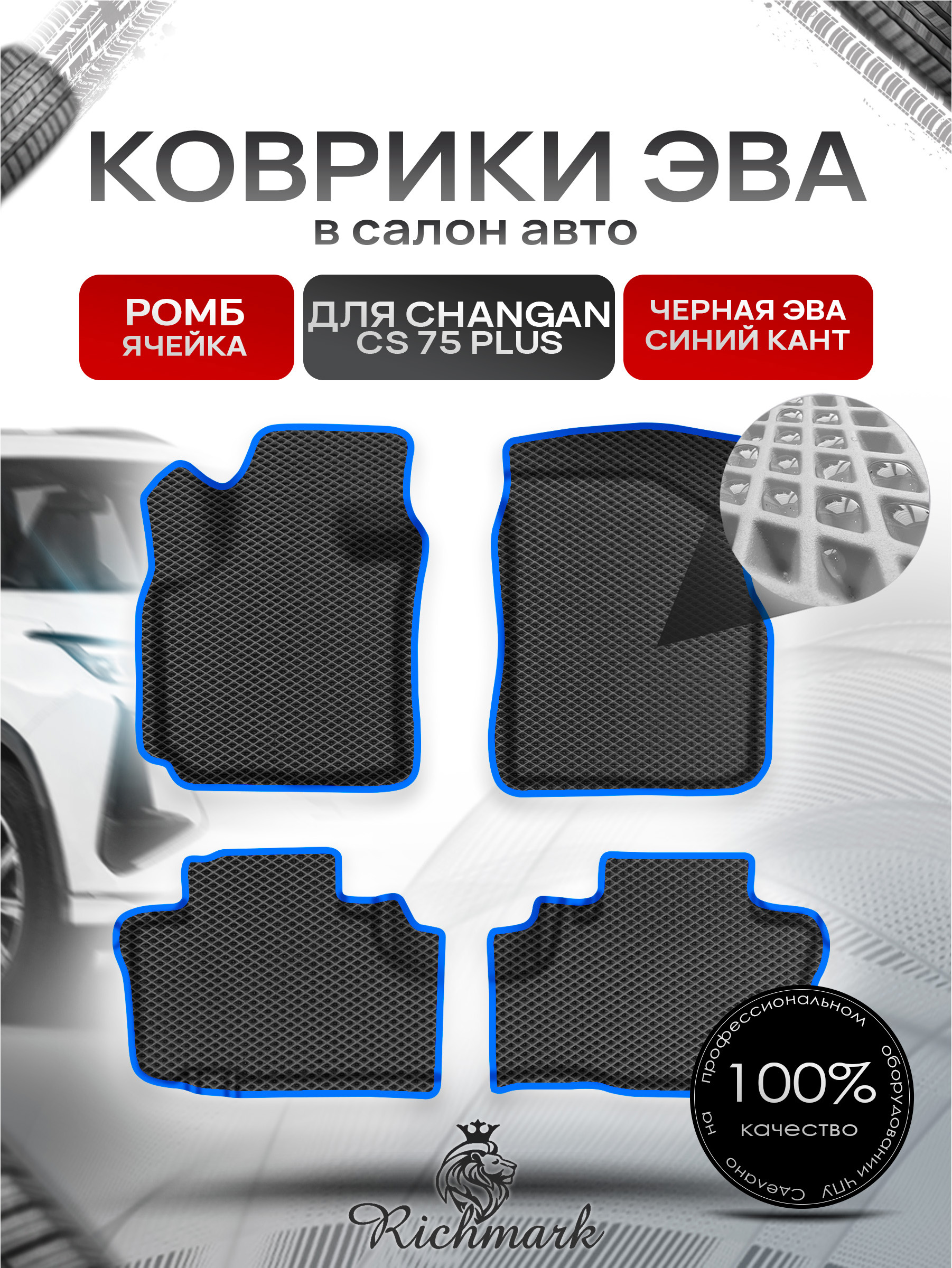 Коврики ЭВА Ромб для авто с бортами Changan CS75+ 2022+ / Чанган 75+ Чёрный с Синим кантом. Ричмарк — фото 1
